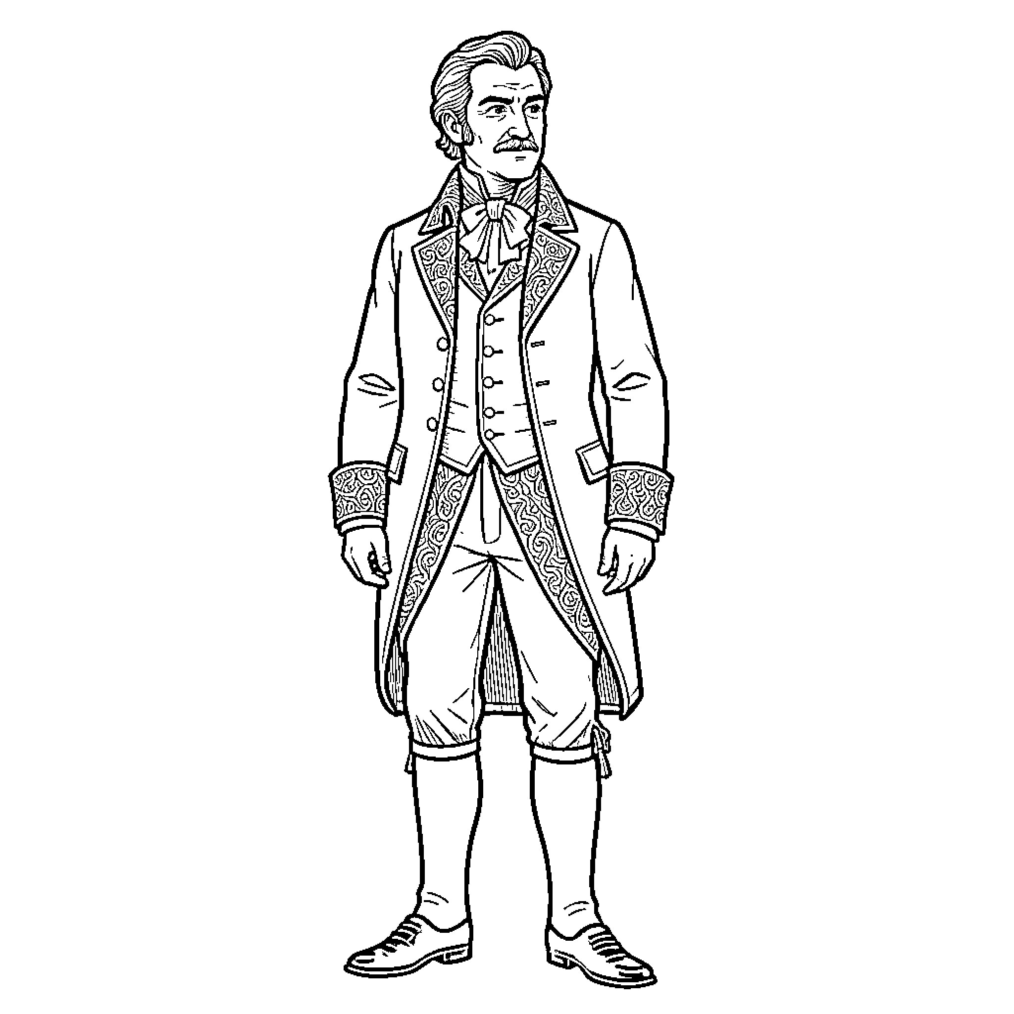 Victoriano gentleman in formal attire Coloring Page (free black-and-white line drawing printable PDF for all, from beginners to advanced learners, including children, teens, adults, and seniors)