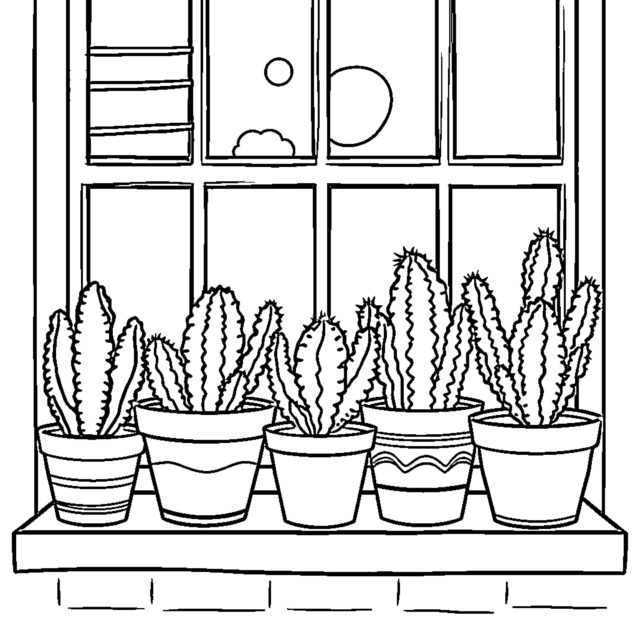 Cactus plants in pots on a windowsill Coloring Page (free black-and-white line drawing printable PDF for all, from beginners to advanced learners, including children, teens, adults, and seniors)