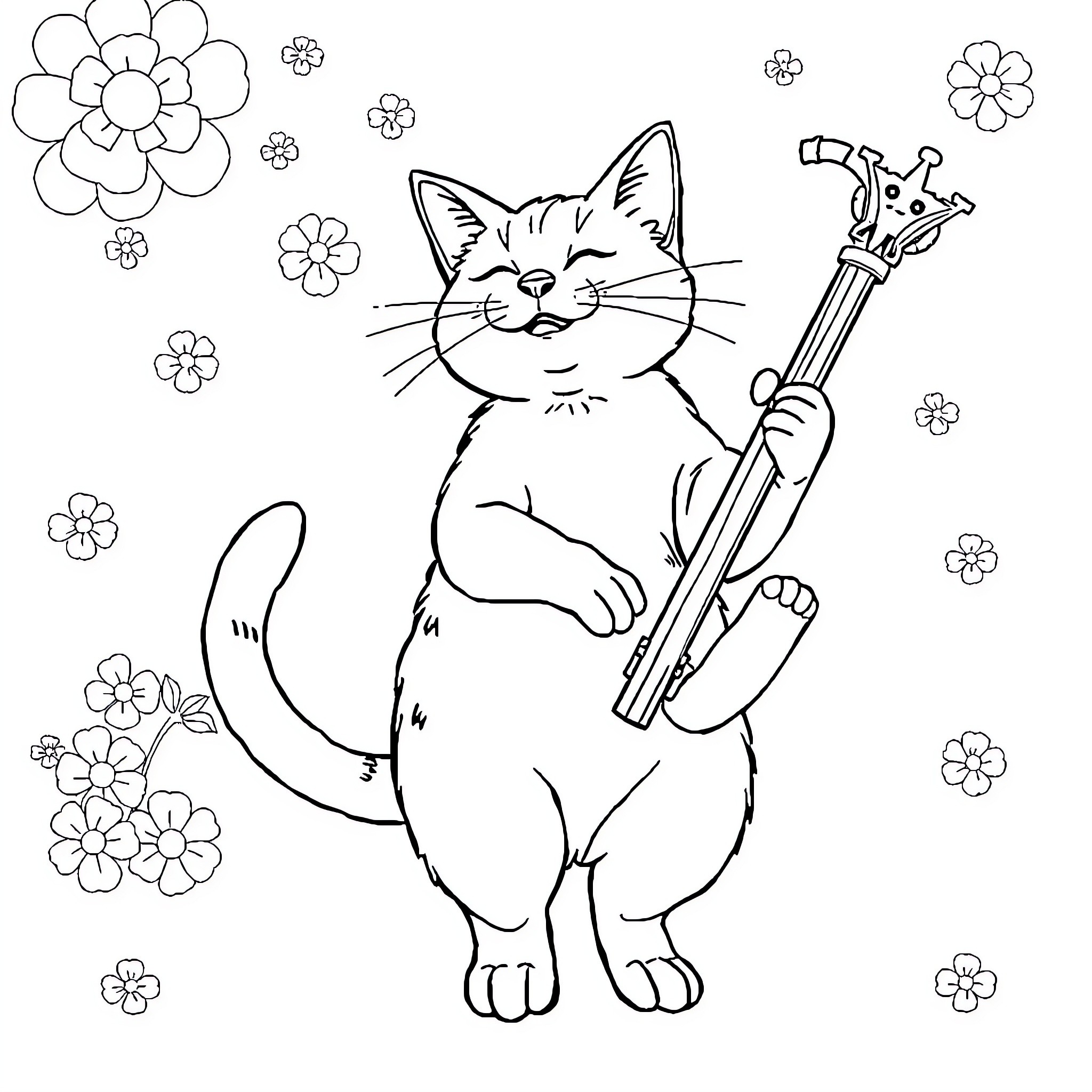 Cat playing with musical instrument in floral setting Coloring Page (free black-and-white line drawing printable PDF for all, from beginners to advanced learners, including children, teens, adults, and seniors)