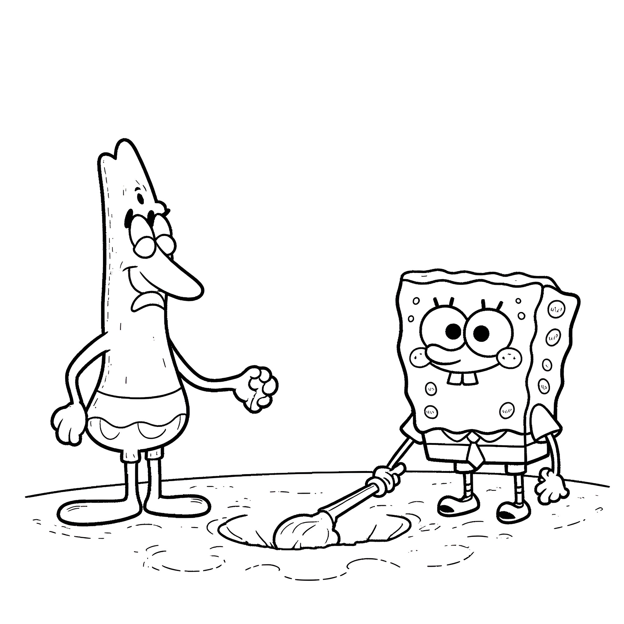 Spongebob and Patrick engaged in whimsical activities Coloring Page (free black-and-white line drawing printable PDF for all, from beginners to advanced learners, including children, teens, adults, and seniors)