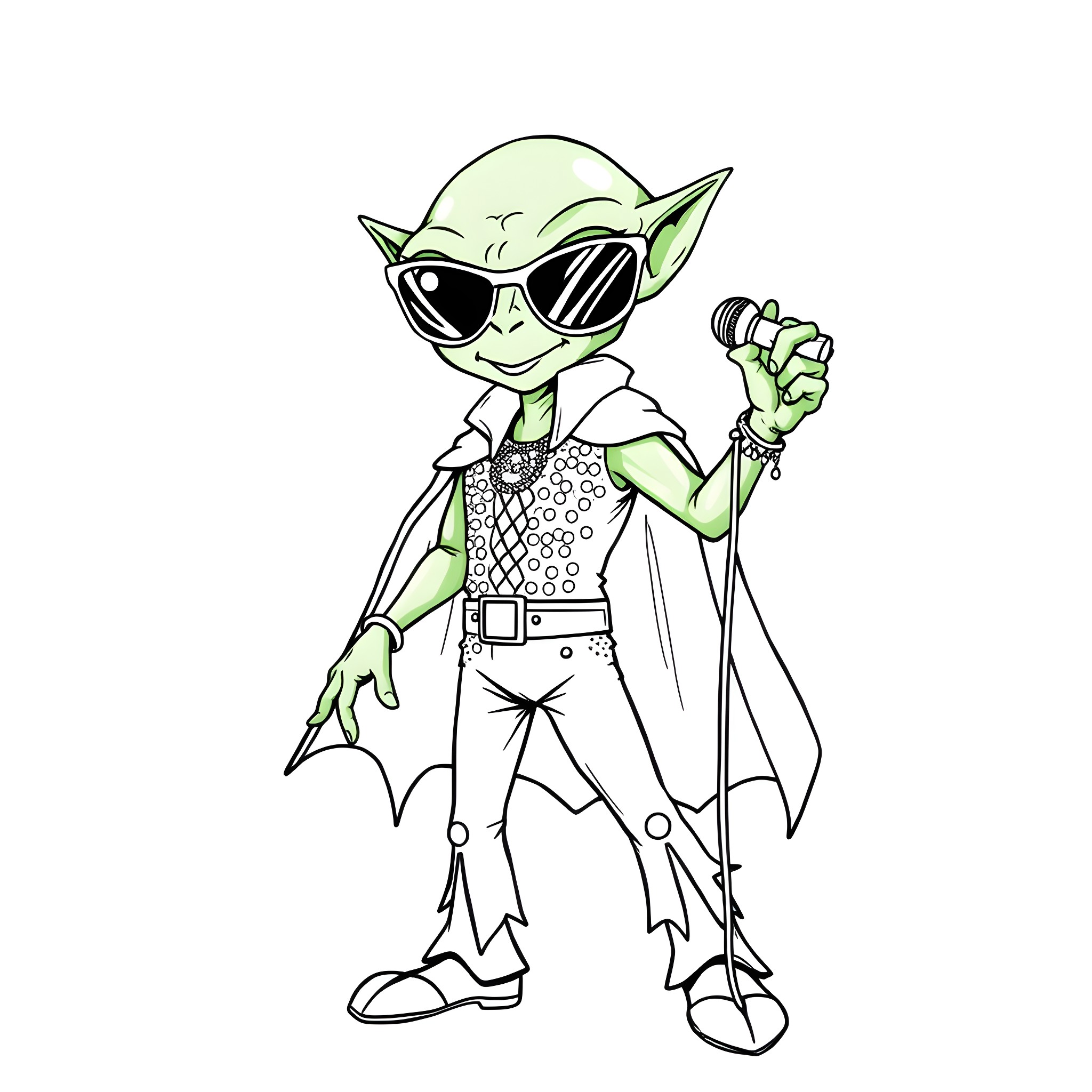 Alien Rock Star Performs on Stage Coloring Page (free black-and-white line drawing printable PDF for all, from beginners to advanced learners, including children, teens, adults, and seniors)