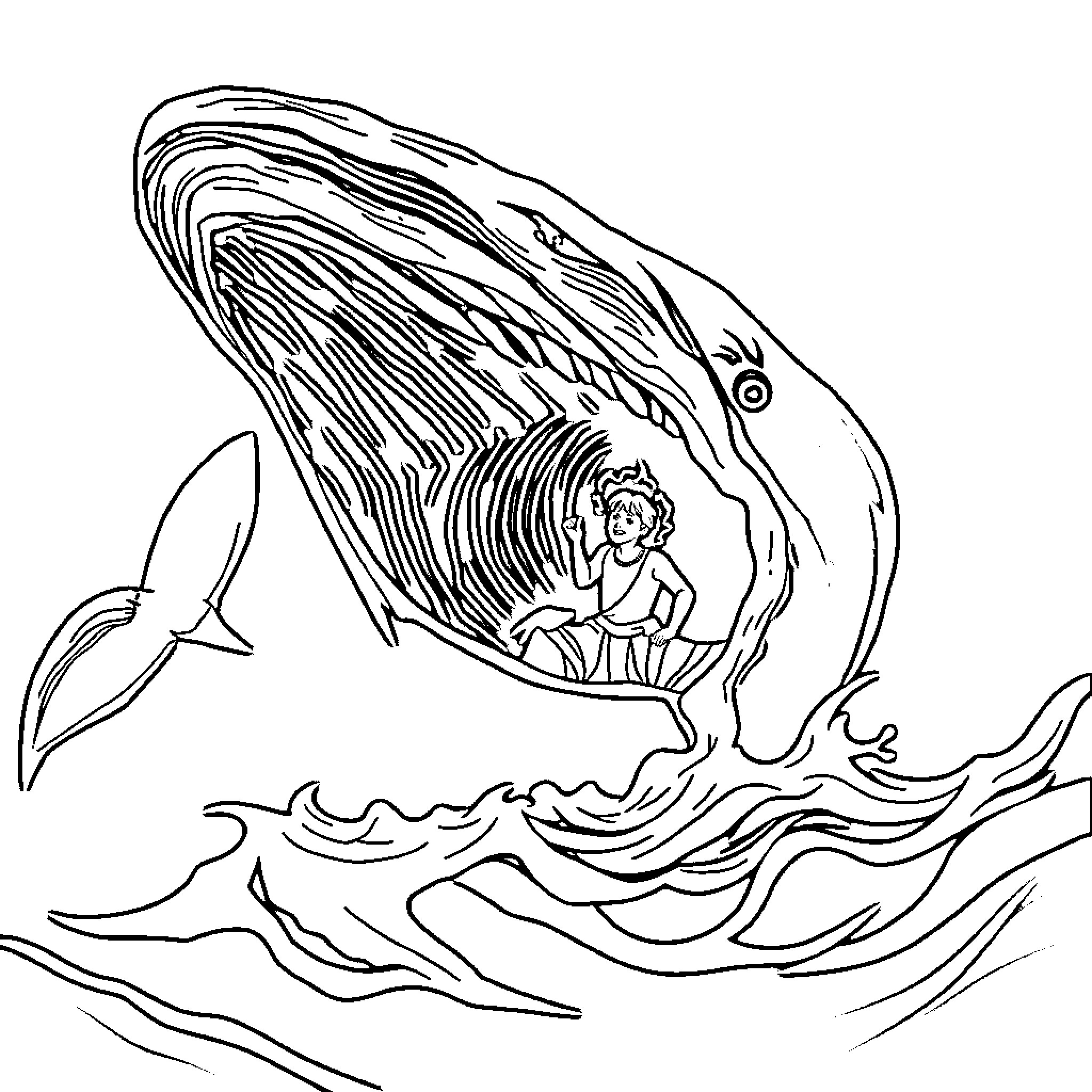 Jonah inside the whale's mouth Coloring Page (free black-and-white line drawing printable PDF for all, from beginners to advanced learners, including children, teens, adults, and seniors)