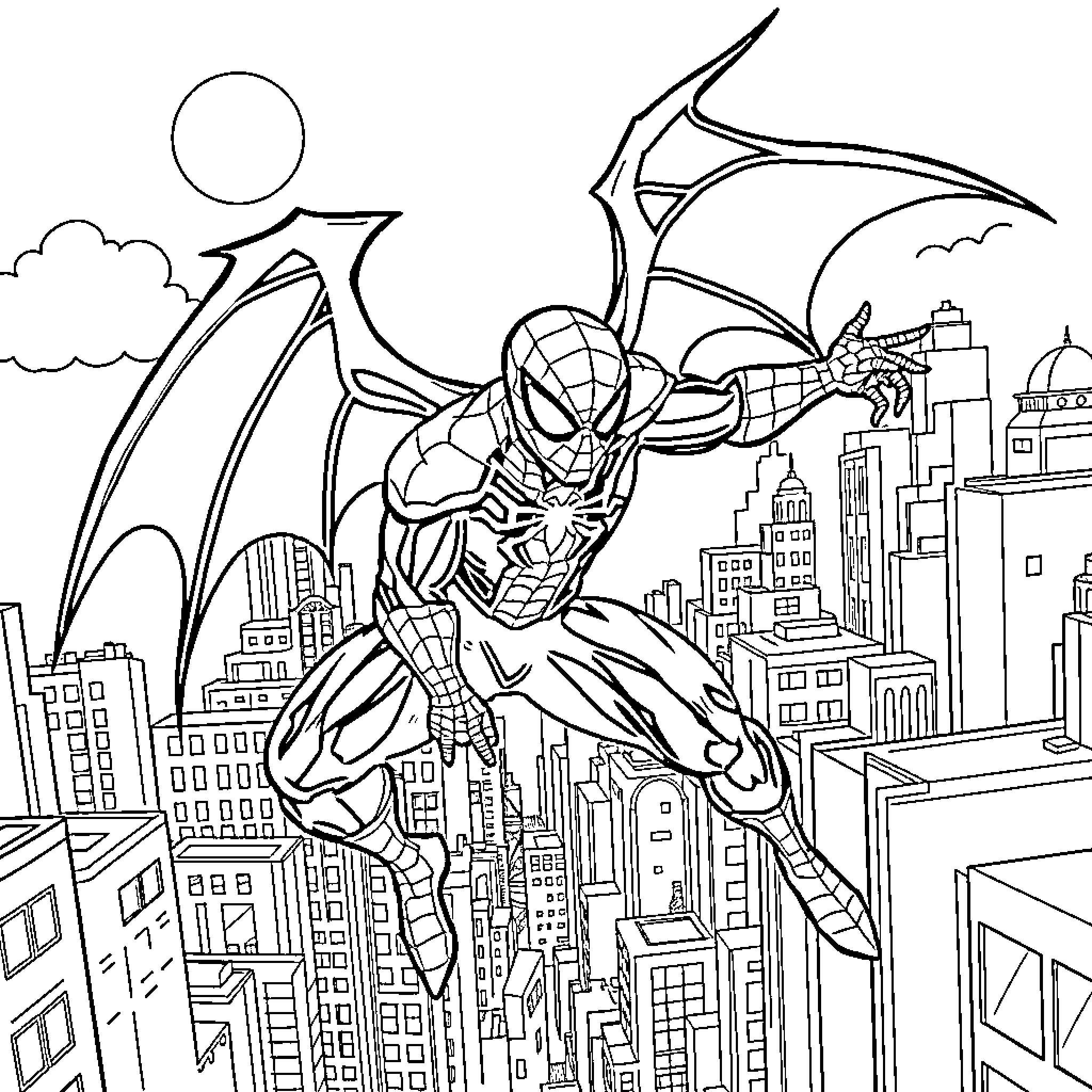 Spider-Man swooping through the city skyline Coloring Page (free black-and-white line drawing printable PDF for all, from beginners to advanced learners, including children, teens, adults, and seniors)
