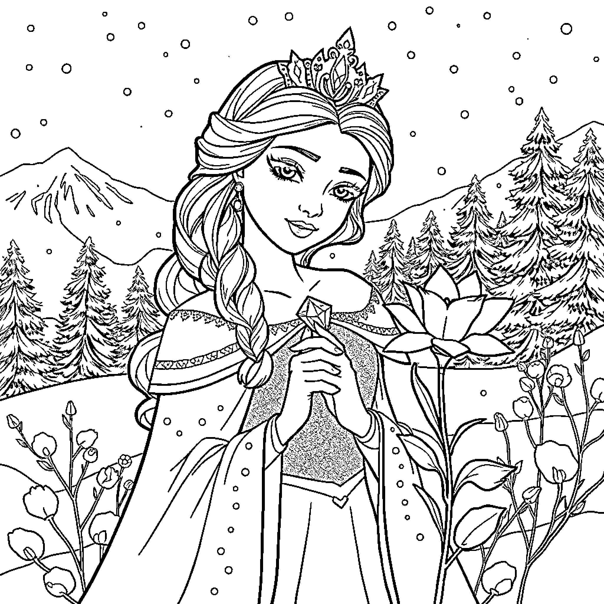 Snow Queen in a Wintry Wonderland Coloring Page (free black-and-white line drawing printable PDF for all, from beginners to advanced learners, including children, teens, adults, and seniors)