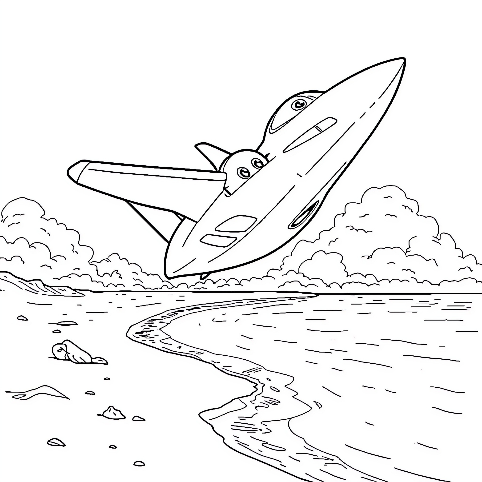 Jet soaring above the clouds and waves Coloring Page (free black-and-white line drawing printable PDF for all, from beginners to advanced learners, including children, teens, adults, and seniors)