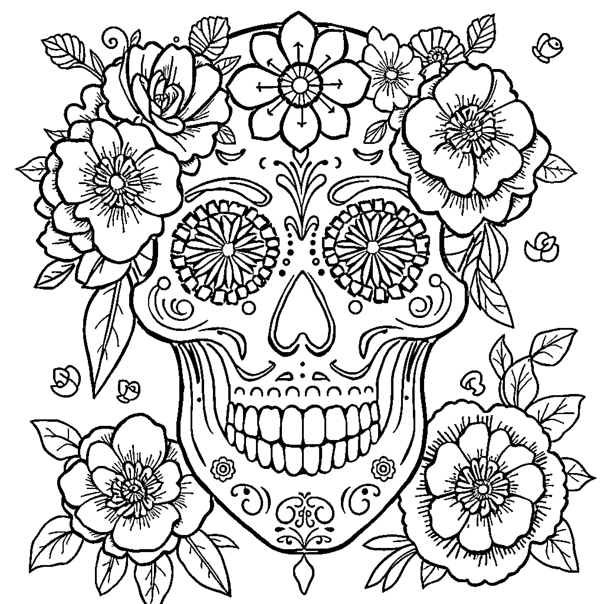 Sugar Skull with Floral Decorations and Expressions Coloring Page (free black-and-white line drawing printable PDF for all, from beginners to advanced learners, including children, teens, adults, and seniors)
