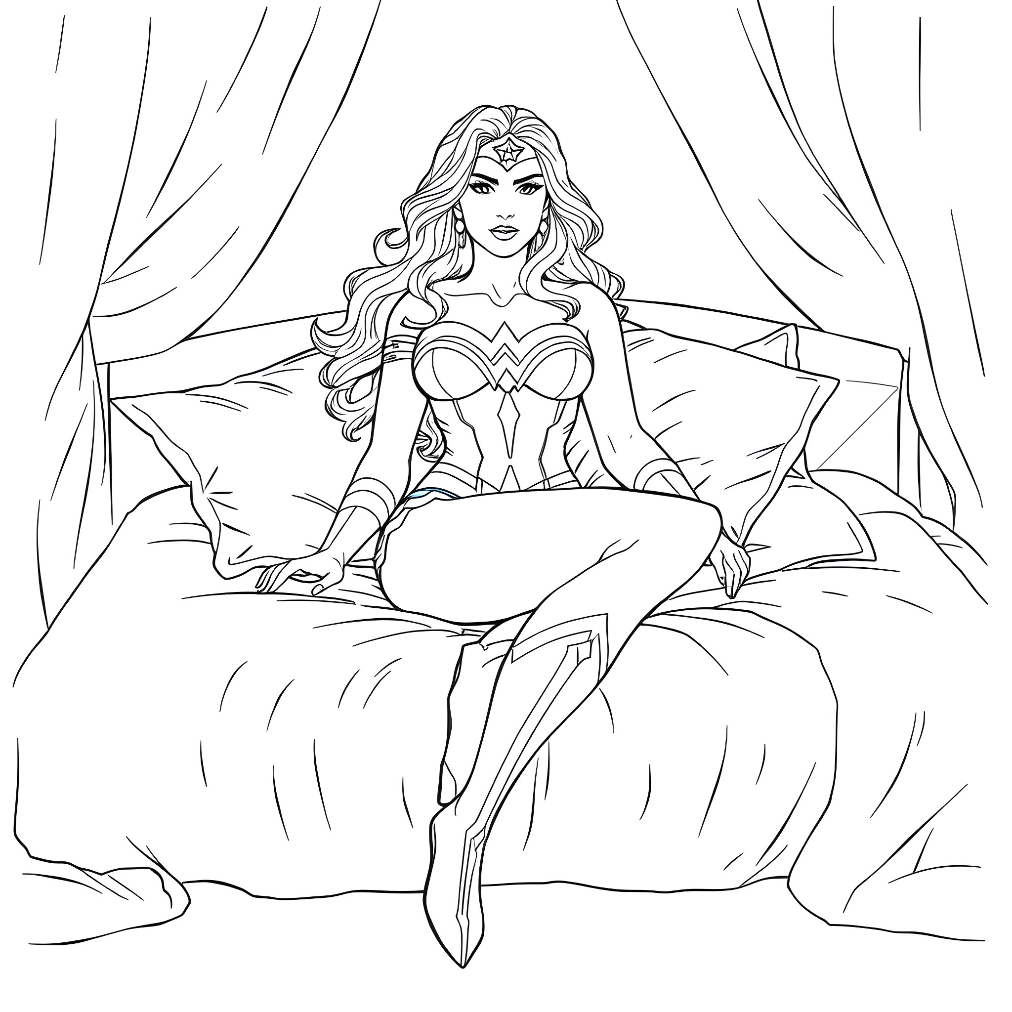 Wonder Woman Resting on the Bed Coloring Page (free black-and-white line drawing printable PDF for all, from beginners to advanced learners, including children, teens, adults, and seniors)