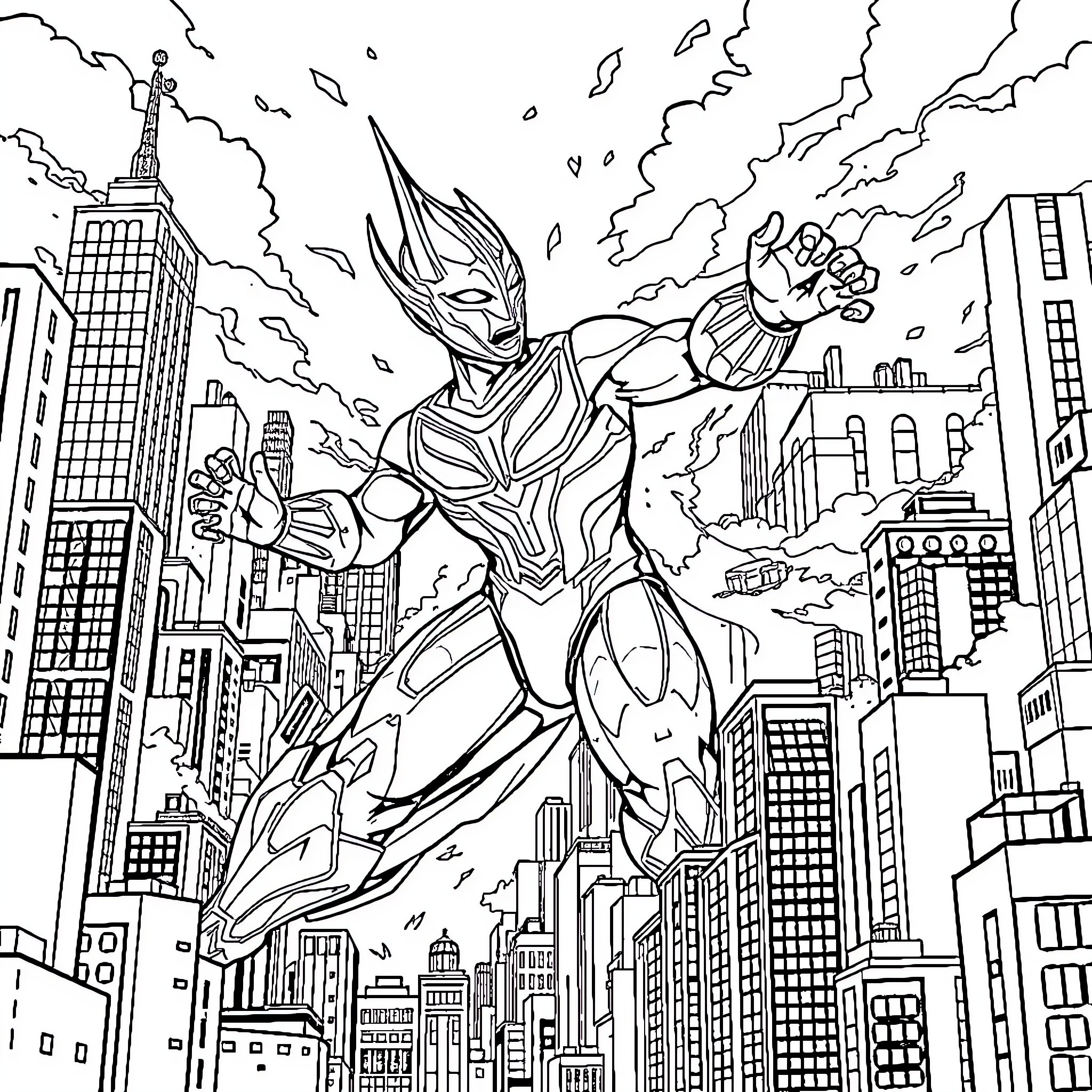 Monster hero battling through the city skyline Coloring Page (free black-and-white line drawing printable PDF for all, from beginners to advanced learners, including children, teens, adults, and seniors)