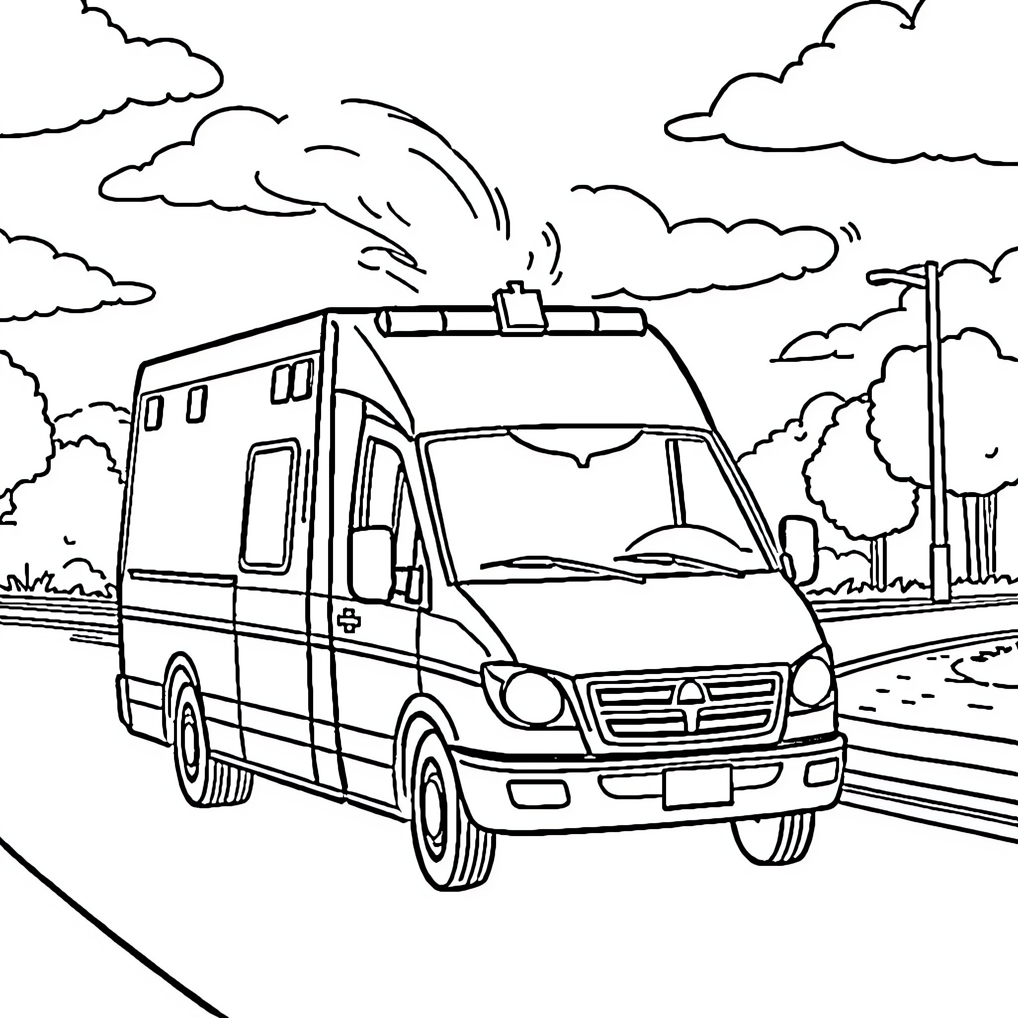 Ambulance responding to emergency on the road Coloring Page (free black-and-white line drawing printable PDF for all, from beginners to advanced learners, including children, teens, adults, and seniors)