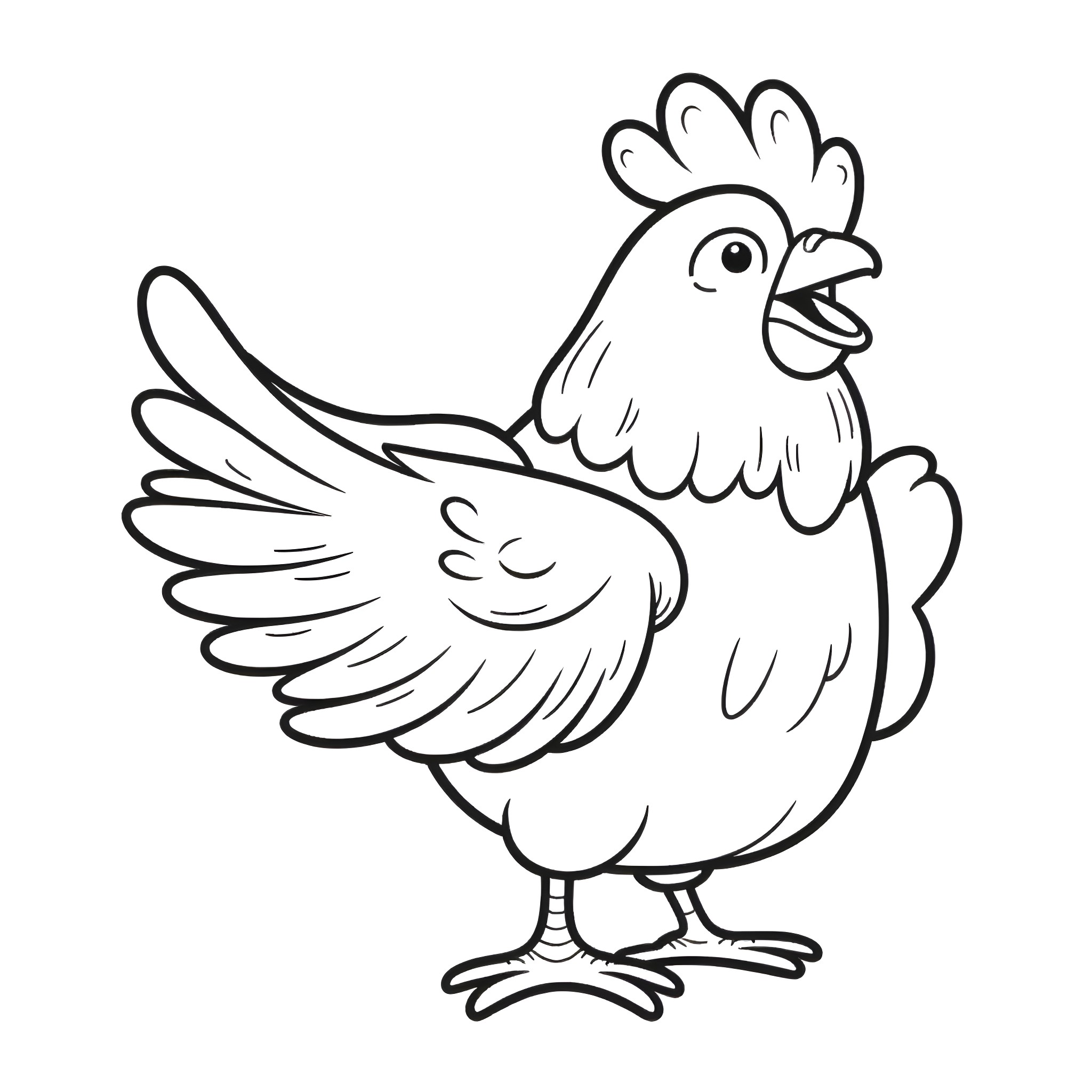 Chicken posing proudly Coloring Page (free black-and-white line drawing printable PDF for all, from beginners to advanced learners, including children, teens, adults, and seniors)