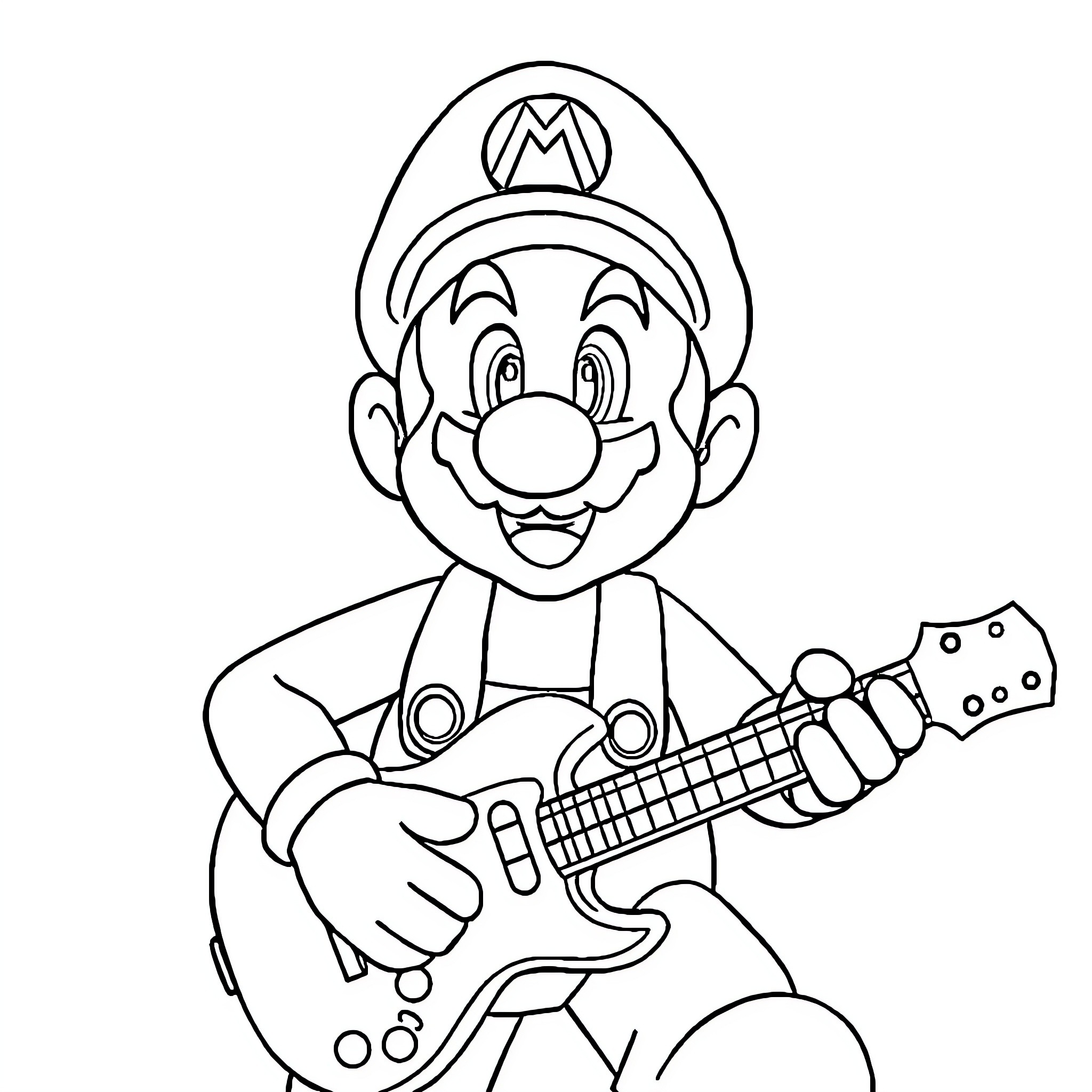 Mario happily playing his guitar Coloring Page (free black-and-white line drawing printable PDF for all, from beginners to advanced learners, including children, teens, adults, and seniors)