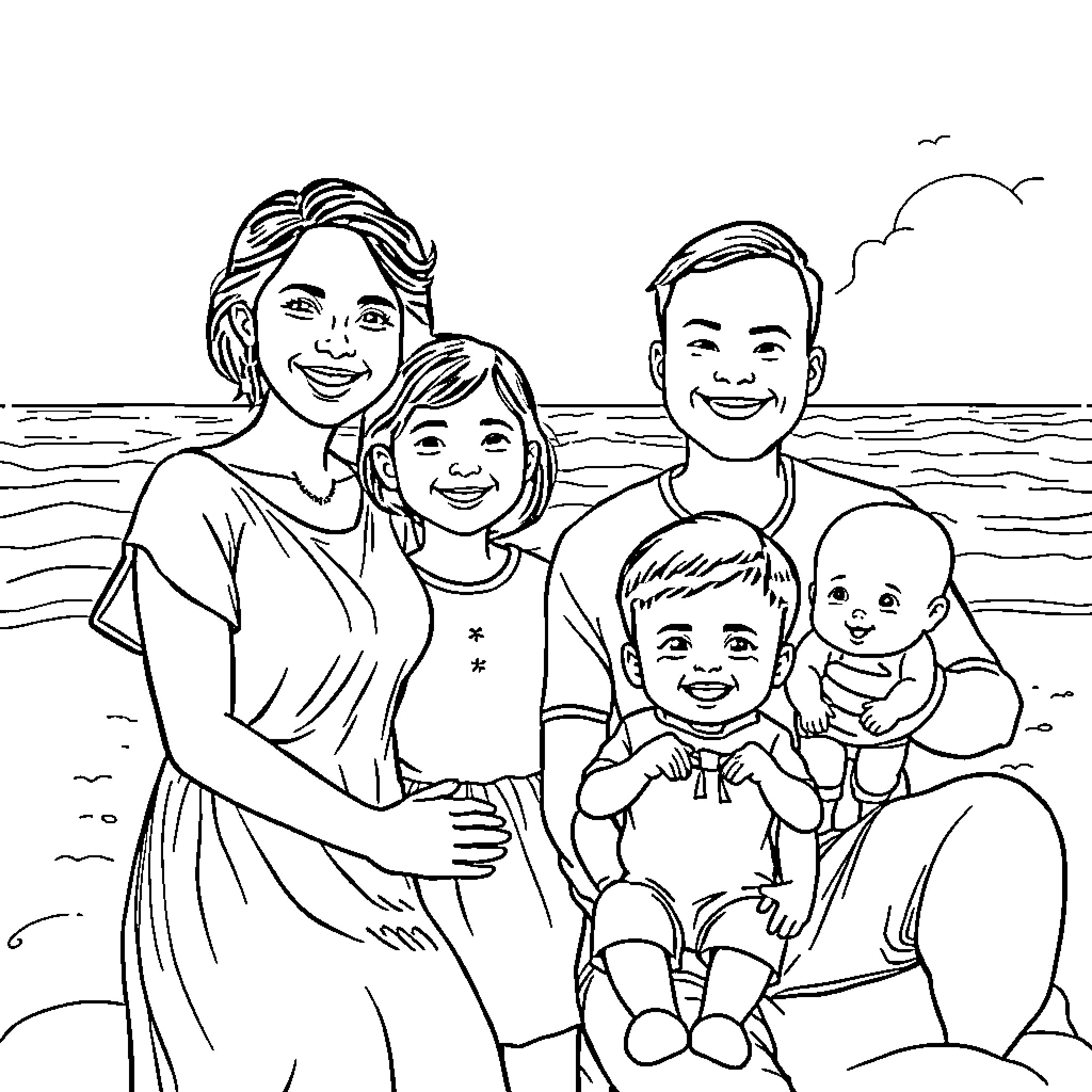Family enjoying time together at the beach Coloring Page (free black-and-white line drawing printable PDF for all, from beginners to advanced learners, including children, teens, adults, and seniors)