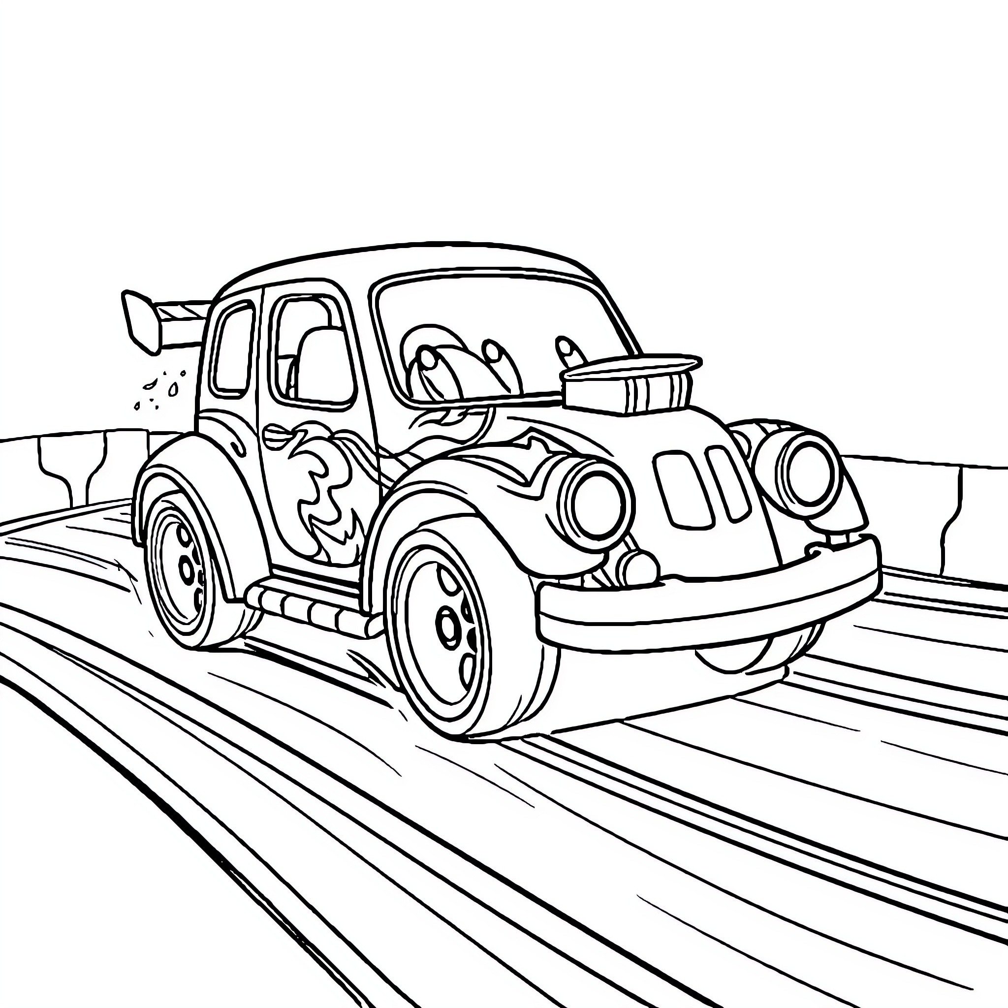 Hot Wheels Cartoon Car Speeding on Roadway Coloring Page (free black-and-white line drawing printable PDF for all, from beginners to advanced learners, including children, teens, adults, and seniors)