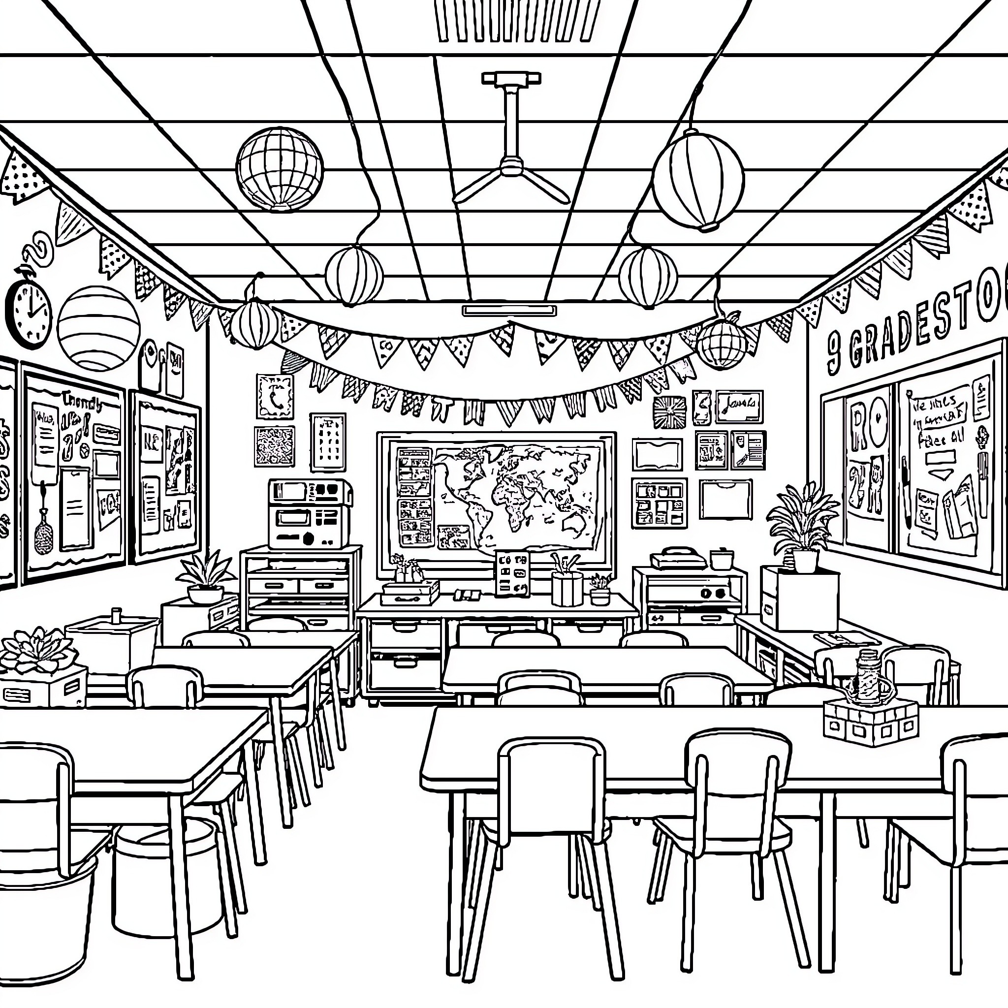 Retro Classroom with Decorative Furnishings and Displays Coloring Page (free black-and-white line drawing printable PDF for all, from beginners to advanced learners, including children, teens, adults, and seniors)