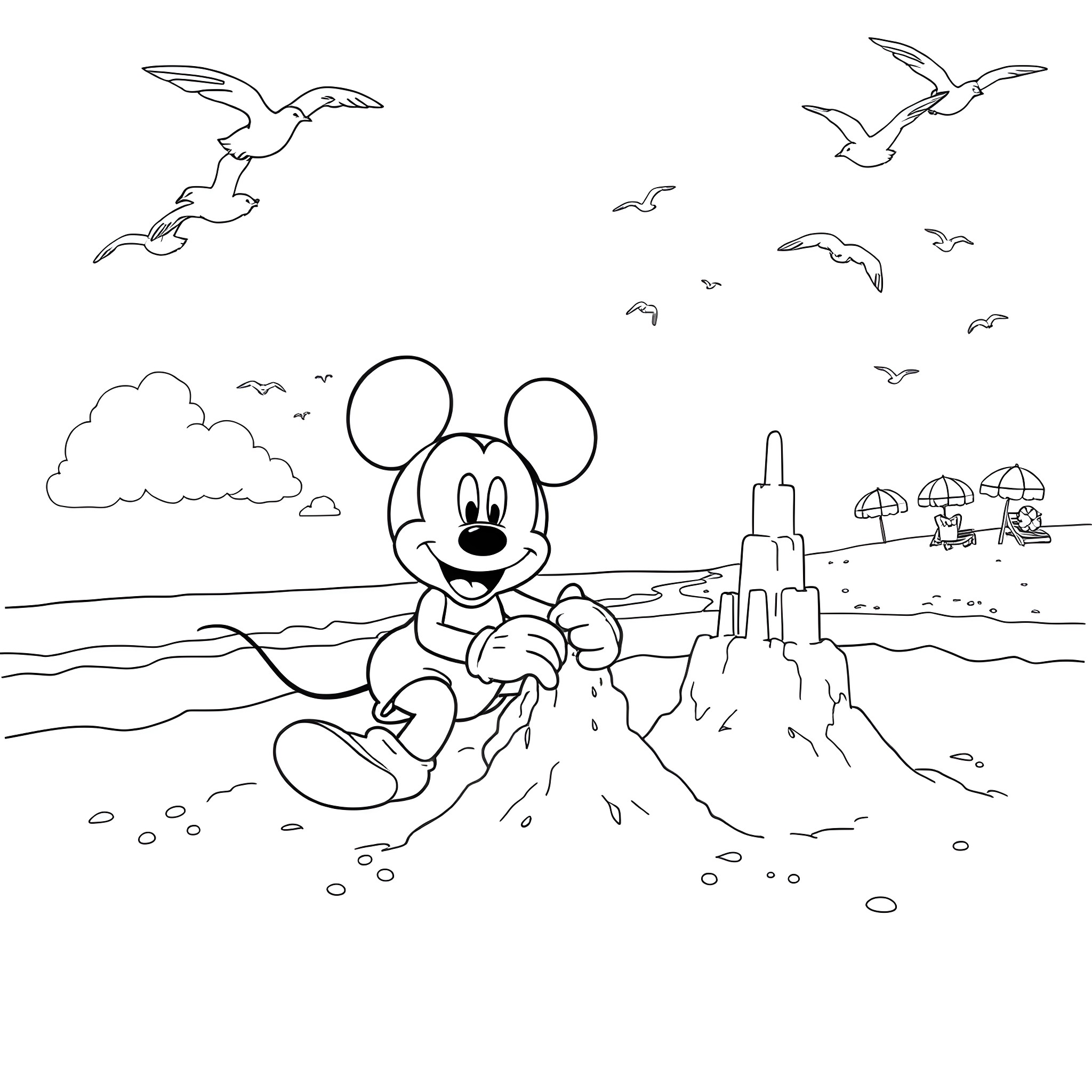 Mickey Mouse playing on the beach Coloring Page (free black-and-white line drawing printable PDF for all, from beginners to advanced learners, including children, teens, adults, and seniors)