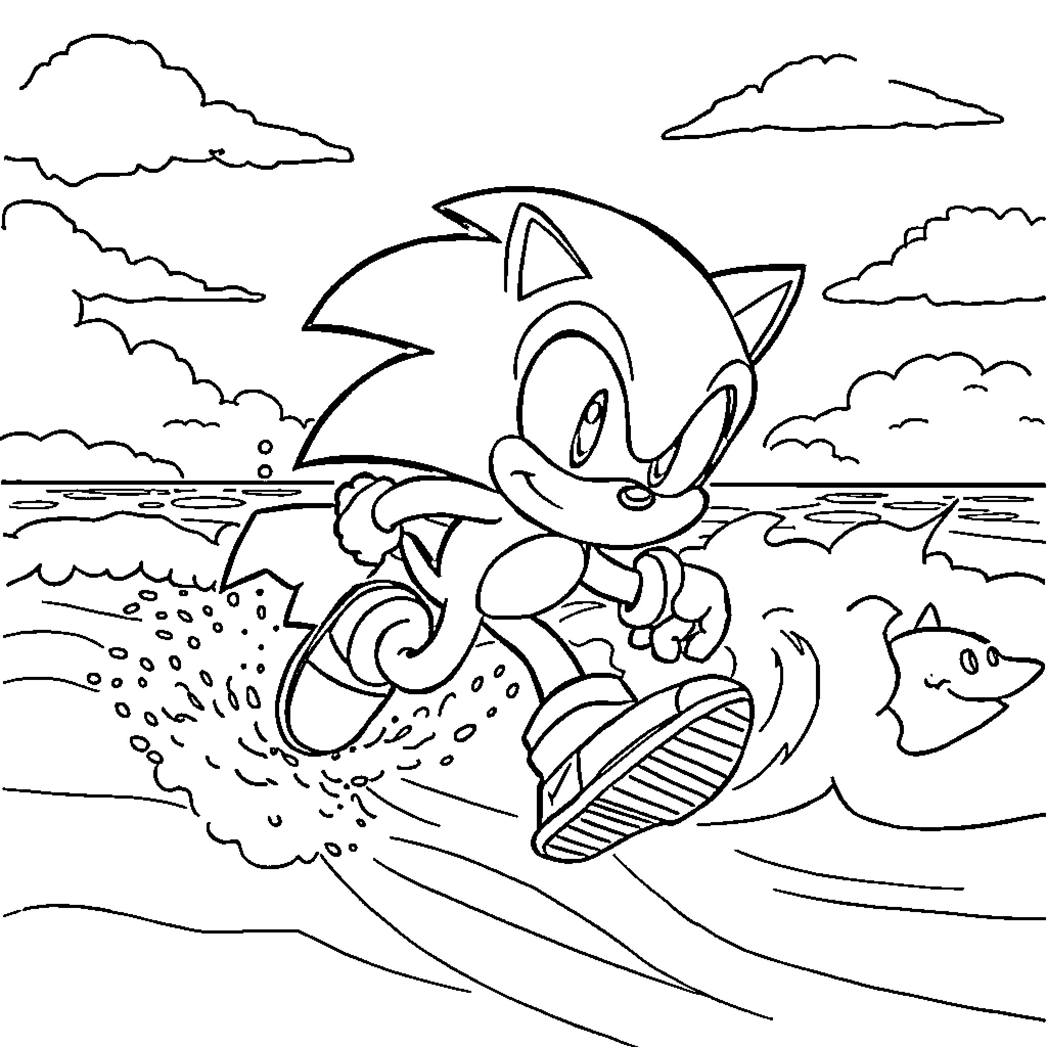 Sonic surfing the waves in the ocean Coloring Page (free black-and-white line drawing printable PDF for all, from beginners to advanced learners, including children, teens, adults, and seniors)