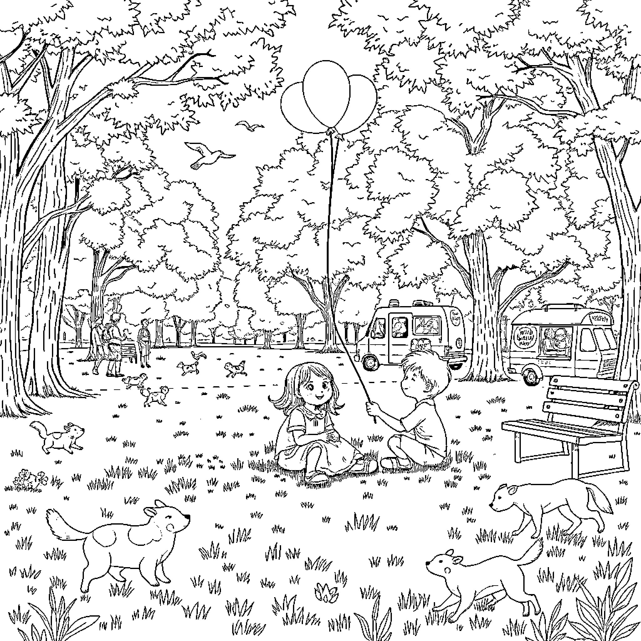 Park scene with children playing and animals Coloring Page (free black-and-white line drawing printable PDF for all, from beginners to advanced learners, including children, teens, adults, and seniors)