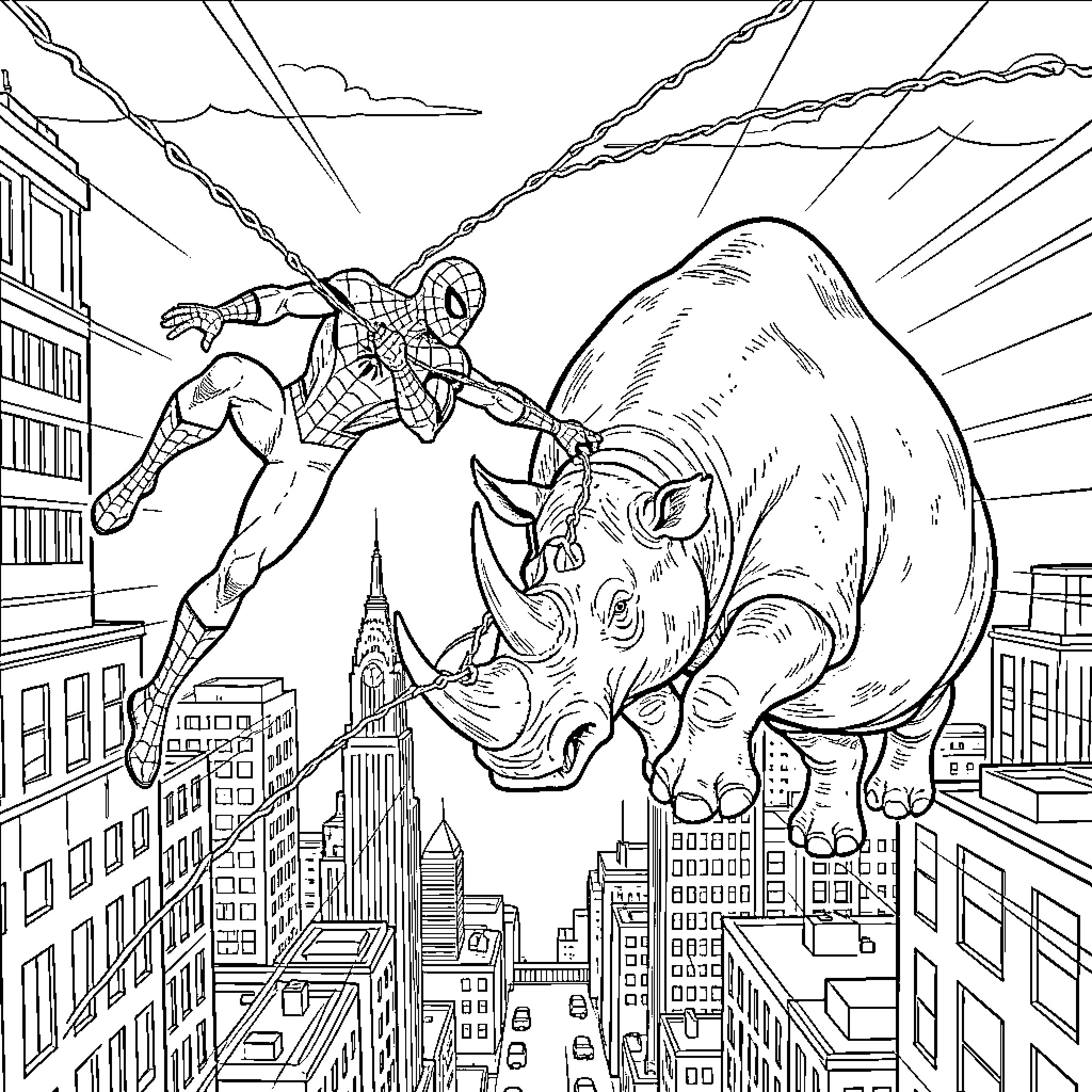 Spider-Man fighting a giant rhinoceros in the city Coloring Page (free black-and-white line drawing printable PDF for all, from beginners to advanced learners, including children, teens, adults, and seniors)