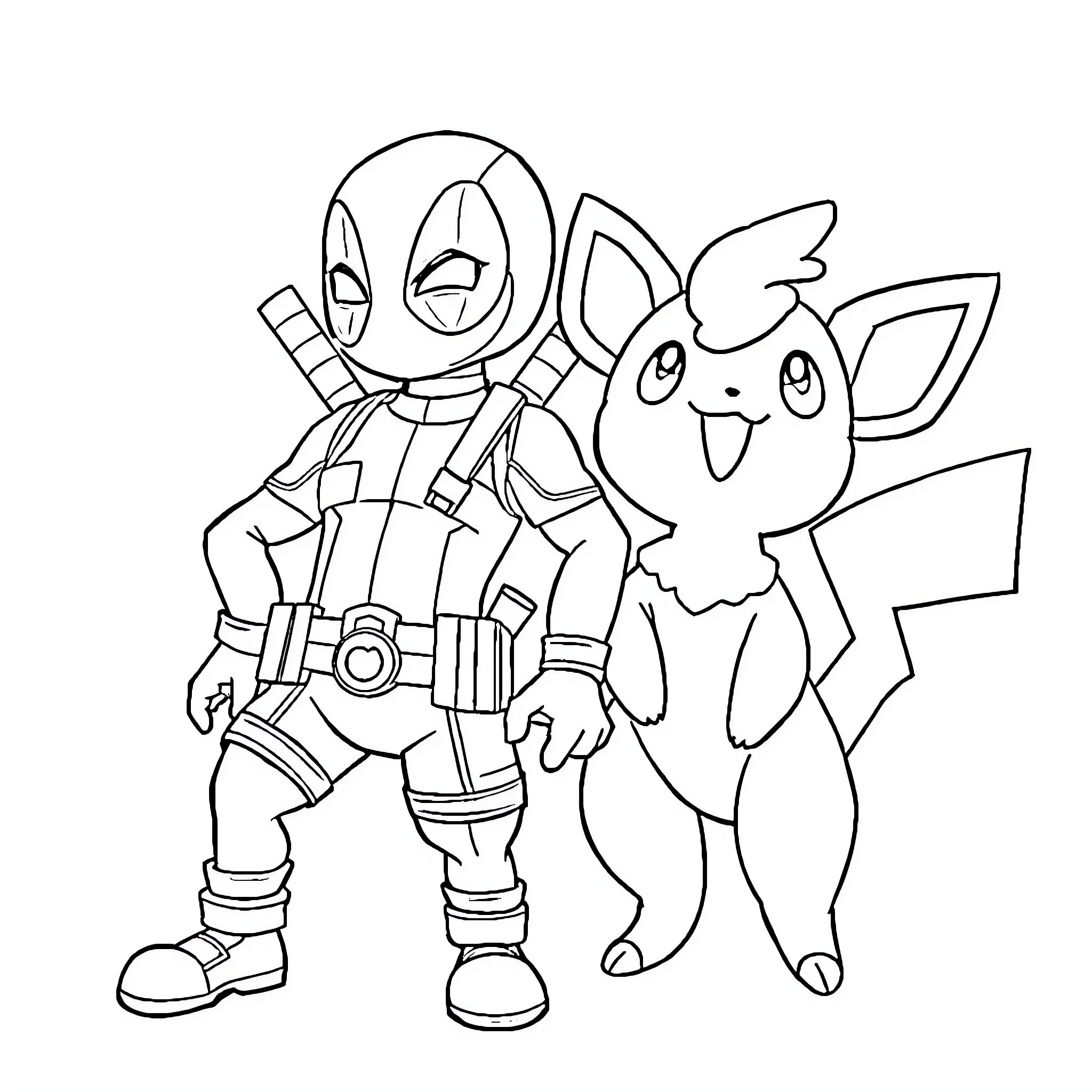Deadpool and Pikachu's Playful Adventure Coloring Page (free black-and-white line drawing printable PDF for all, from beginners to advanced learners, including children, teens, adults, and seniors)