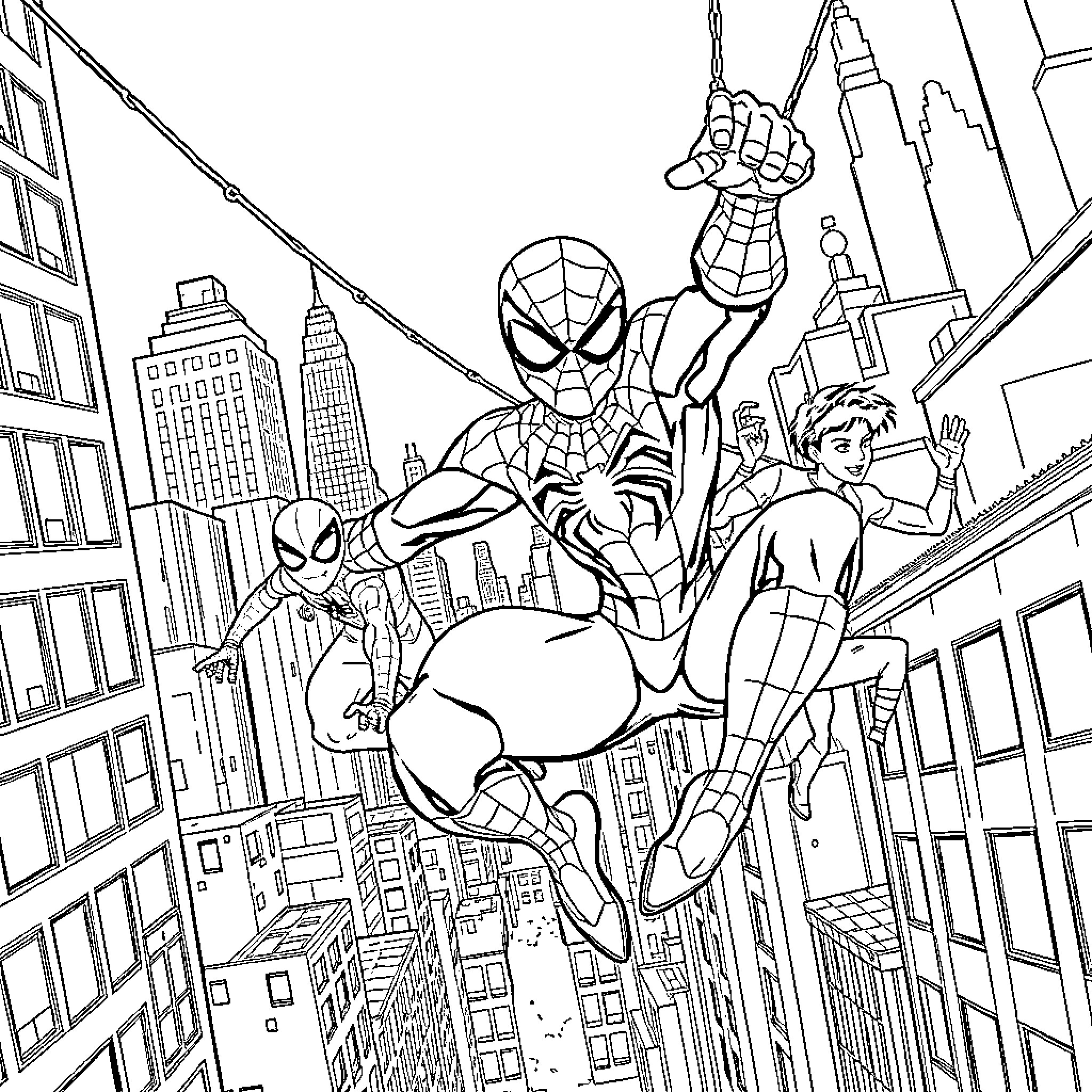Spider heroes swinging through the city Coloring Page (free black-and-white line drawing printable PDF for all, from beginners to advanced learners, including children, teens, adults, and seniors)