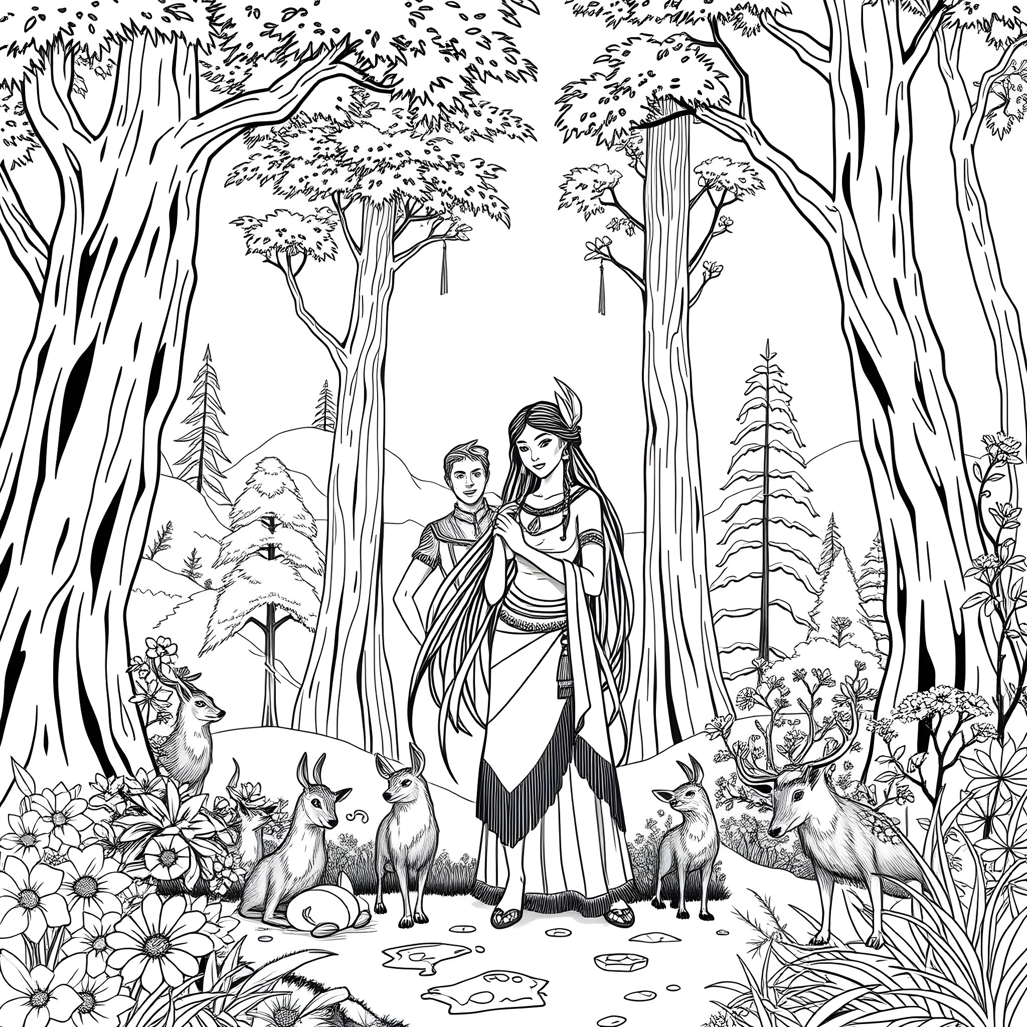 Pocahontas and her animal friends in the enchanted forest Coloring Page (free black-and-white line drawing printable PDF for all, from beginners to advanced learners, including children, teens, adults, and seniors)
