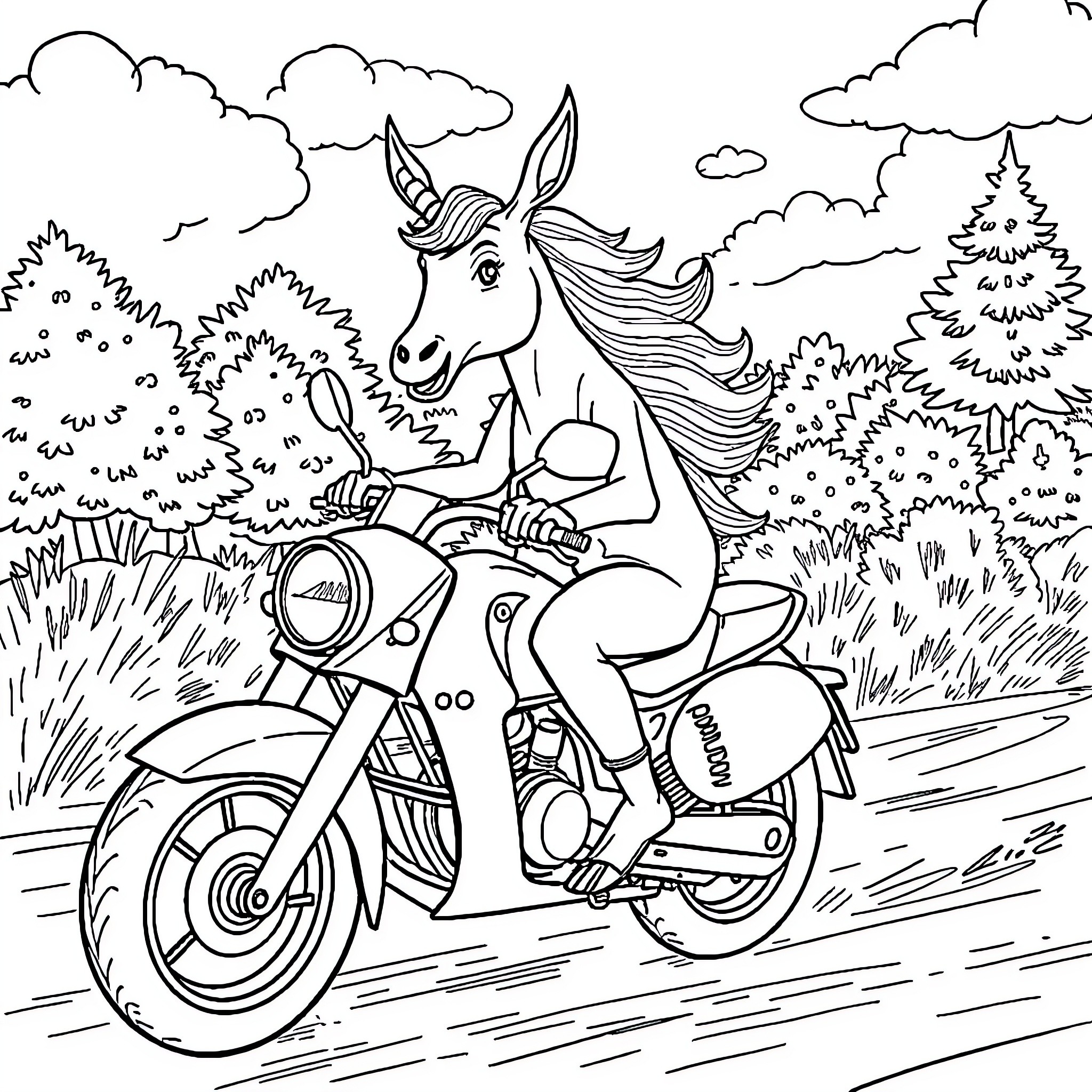 Ane's Joyful Motorcycle Ride Through the Enchanted Forest Coloring Page (free black-and-white line drawing printable PDF for all, from beginners to advanced learners, including children, teens, adults, and seniors)