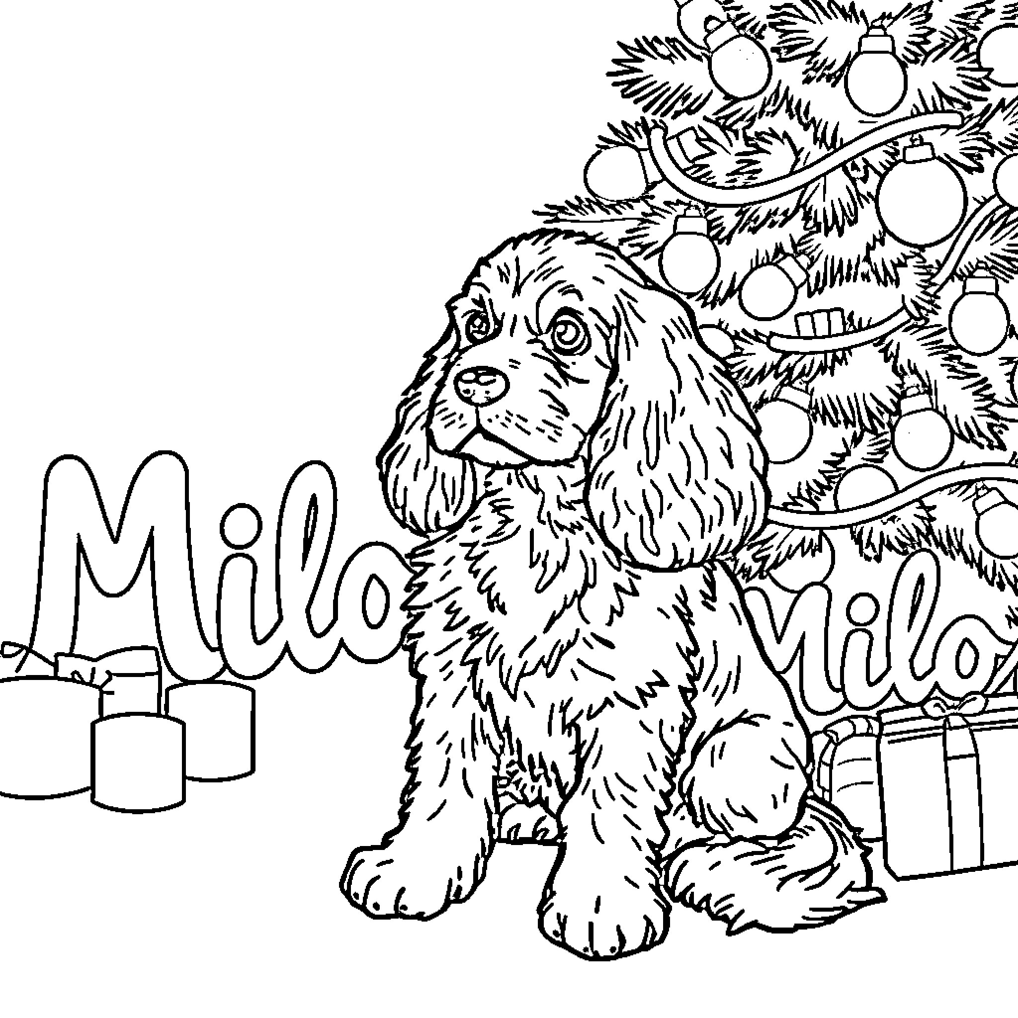 Cocker Spaniel playing near Christmas tree Coloring Page (free black-and-white line drawing printable PDF for all, from beginners to advanced learners, including children, teens, adults, and seniors)