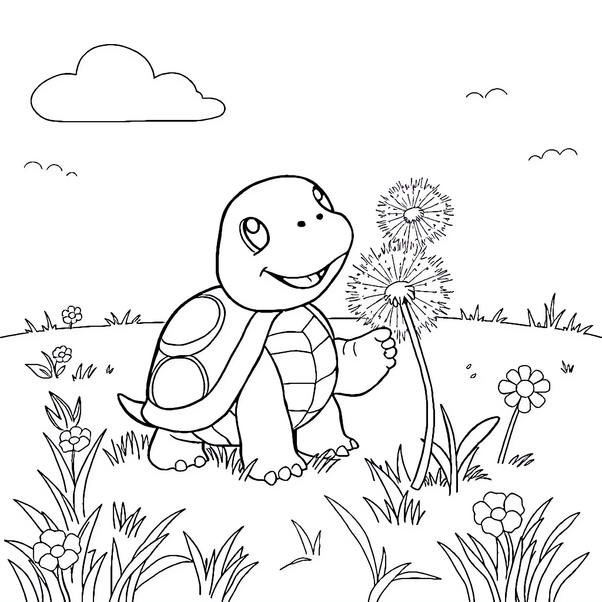 Koopa Exploring the Floral Meadow Coloring Page (free black-and-white line drawing printable PDF for all, from beginners to advanced learners, including children, teens, adults, and seniors)
