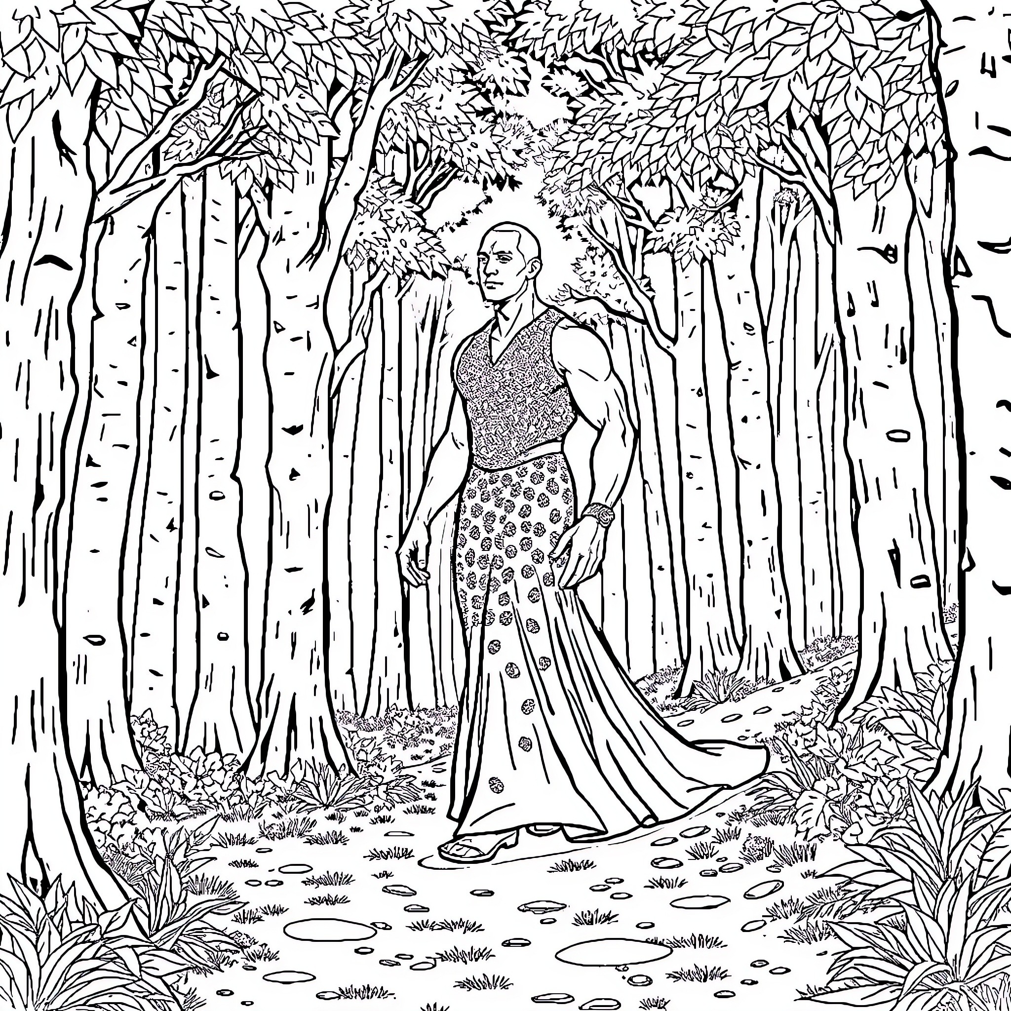 Dwayne Johnson in a Serene Forest Landscape Coloring Page (free black-and-white line drawing printable PDF for all, from beginners to advanced learners, including children, teens, adults, and seniors)