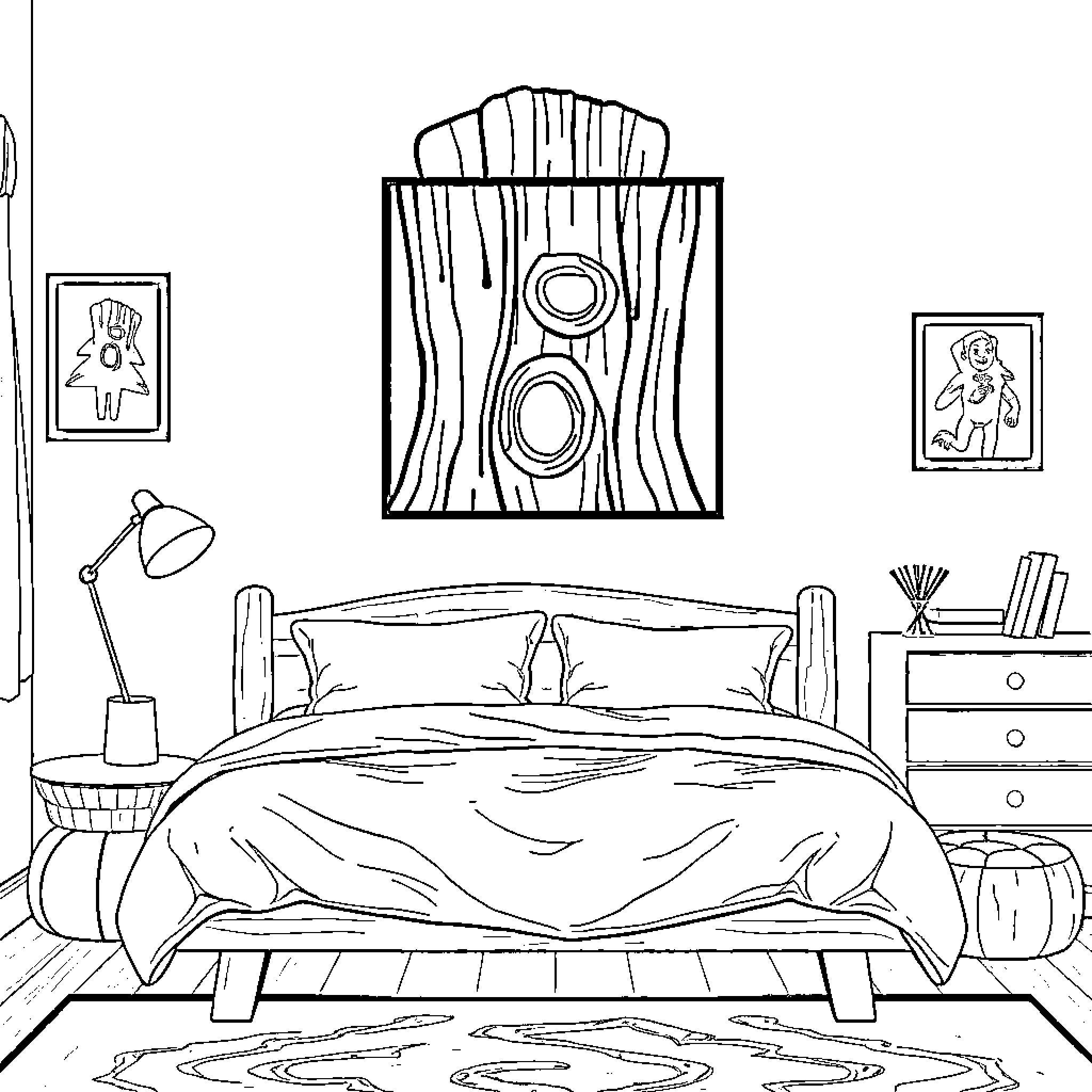 Wood-Framed Bedroom Scene with Cozy Bedding Coloring Page (free black-and-white line drawing printable PDF for all, from beginners to advanced learners, including children, teens, adults, and seniors)