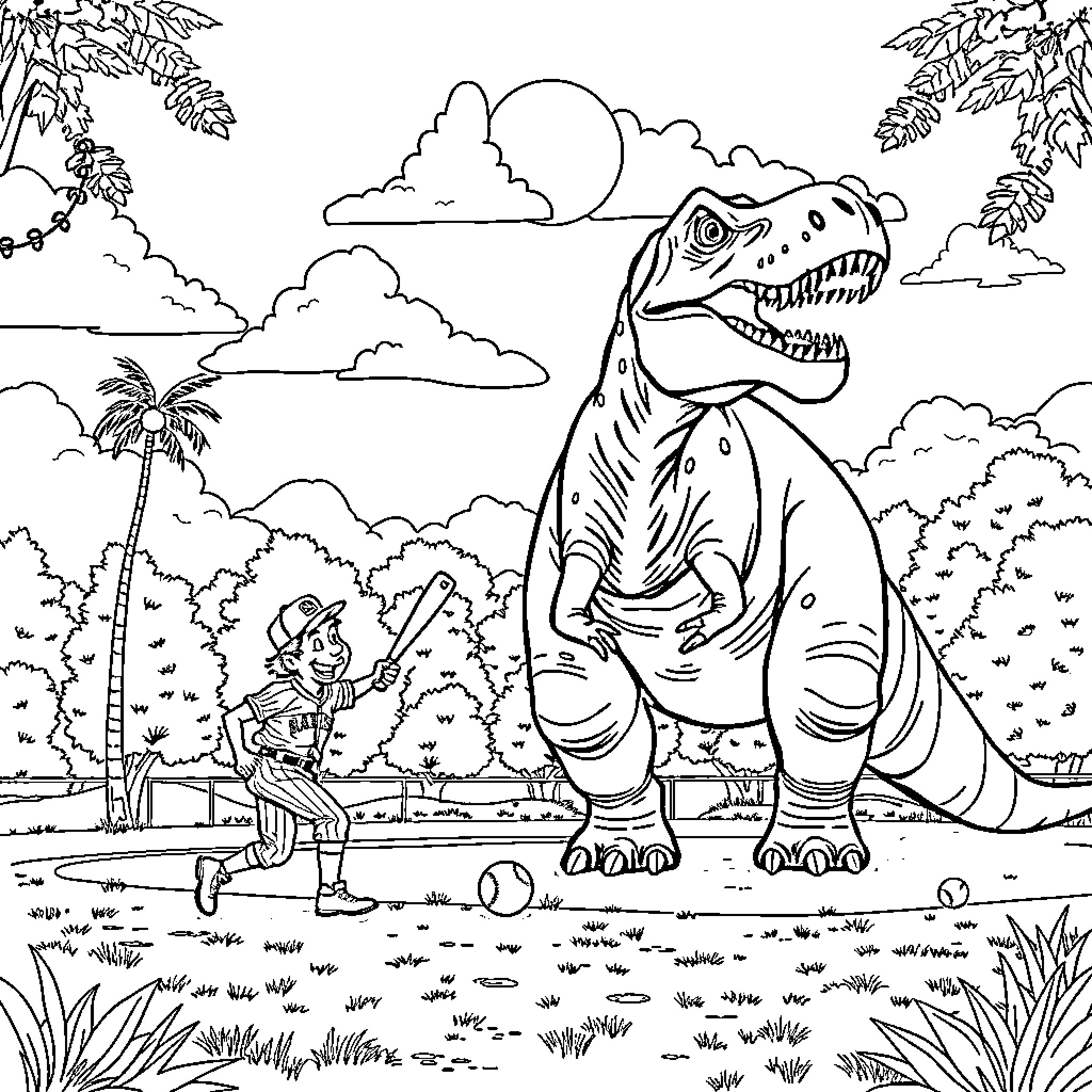 Dinosaur roaming the prehistoric landscape Coloring Page (free black-and-white line drawing printable PDF for all, from beginners to advanced learners, including children, teens, adults, and seniors)