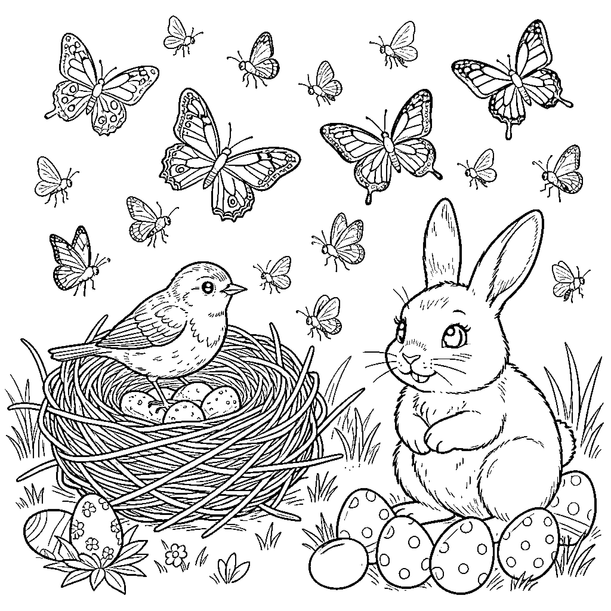 Easter Bunny and Birds in a Springtime Scene Coloring Page (free black-and-white line drawing printable PDF for all, from beginners to advanced learners, including children, teens, adults, and seniors)