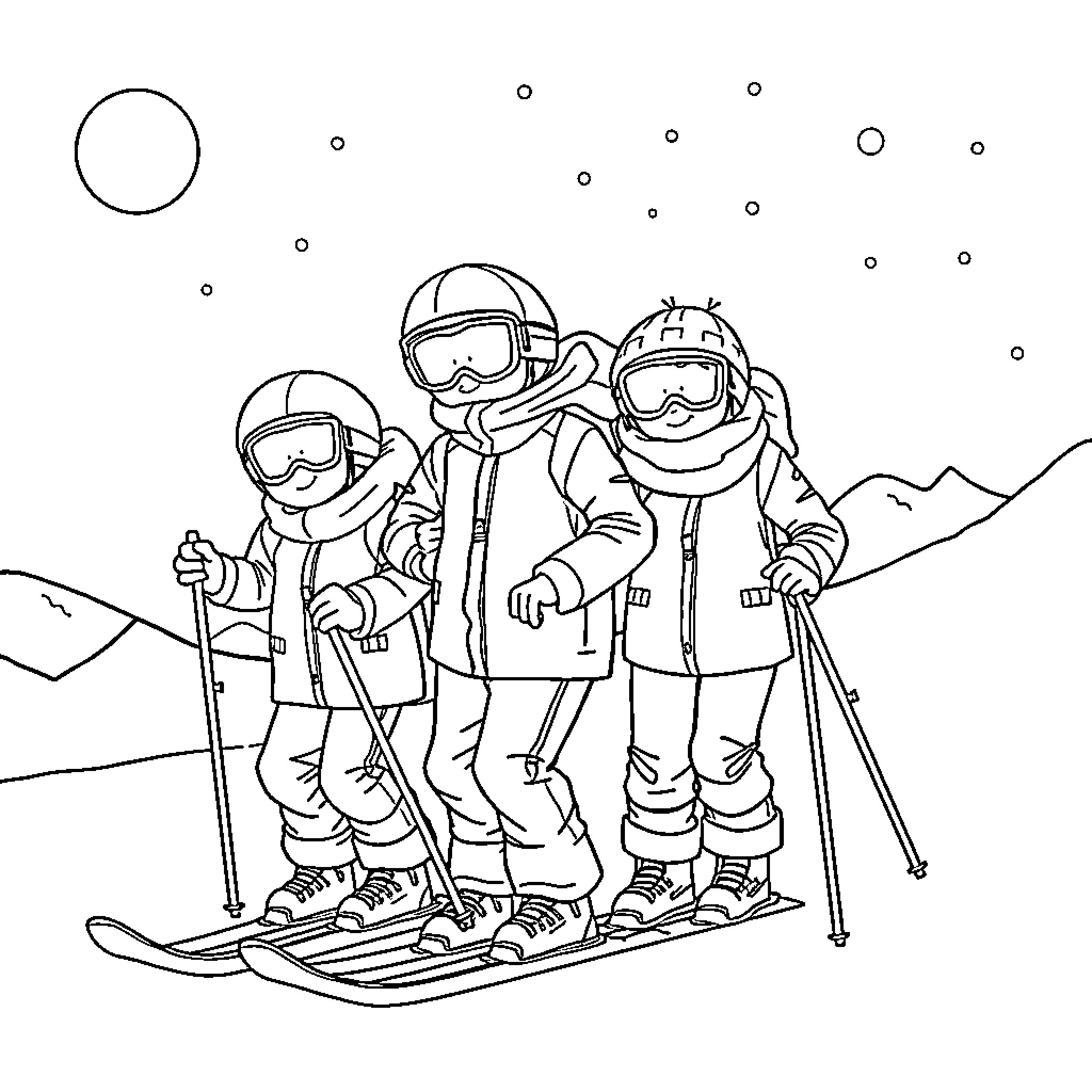 Incredibles skiing down the slopes together Coloring Page (free black-and-white line drawing printable PDF for all, from beginners to advanced learners, including children, teens, adults, and seniors)