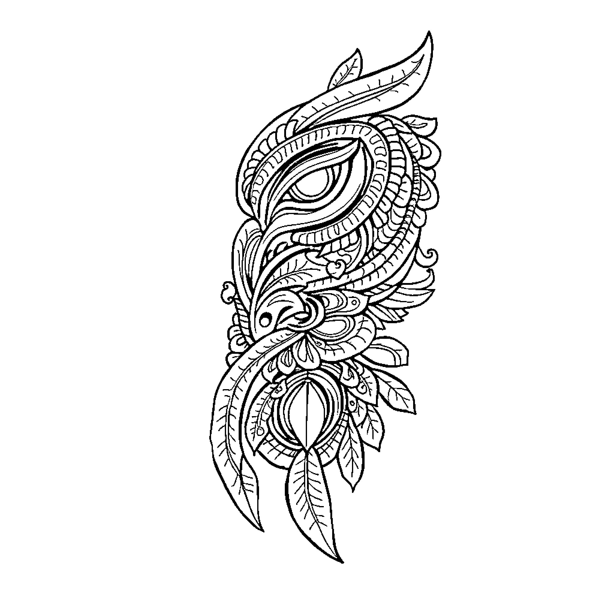 Maori Tattoo Depicting Intricate Feathered Creature Coloring Page (free black-and-white line drawing printable PDF for all, from beginners to advanced learners, including children, teens, adults, and seniors)