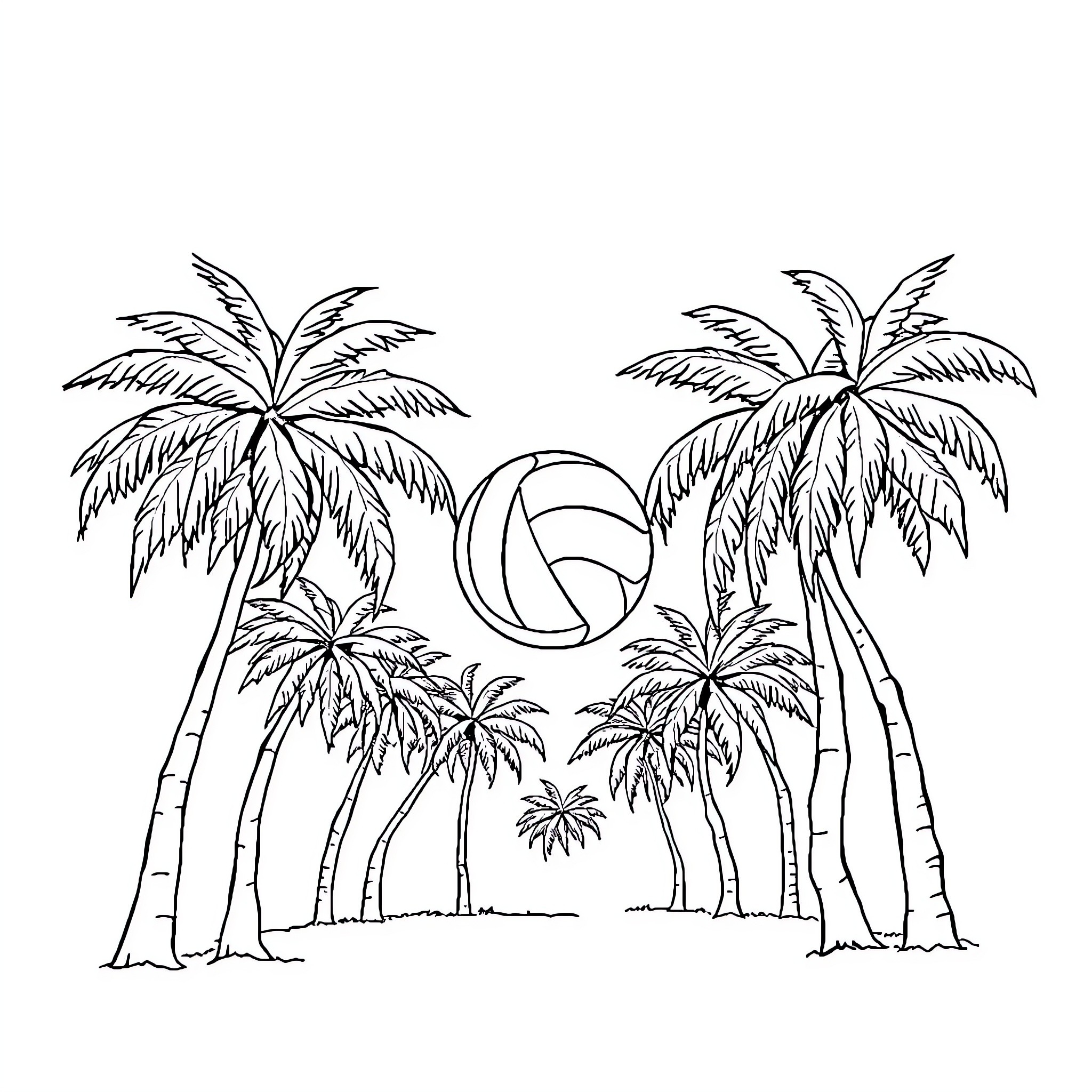 Tree-lined beach scene with volleyball Coloring Page (free black-and-white line drawing printable PDF for all, from beginners to advanced learners, including children, teens, adults, and seniors)