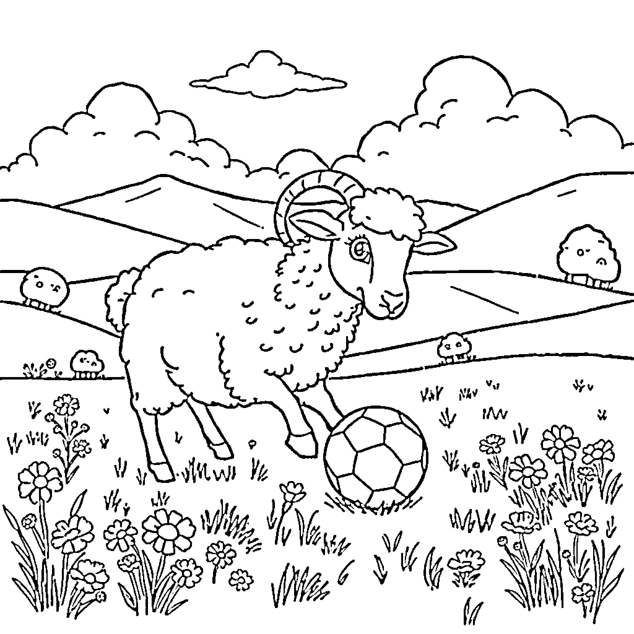 Sheep playing with soccer ball in idyllic countryside Coloring Page (free black-and-white line drawing printable PDF for all, from beginners to advanced learners, including children, teens, adults, and seniors)
