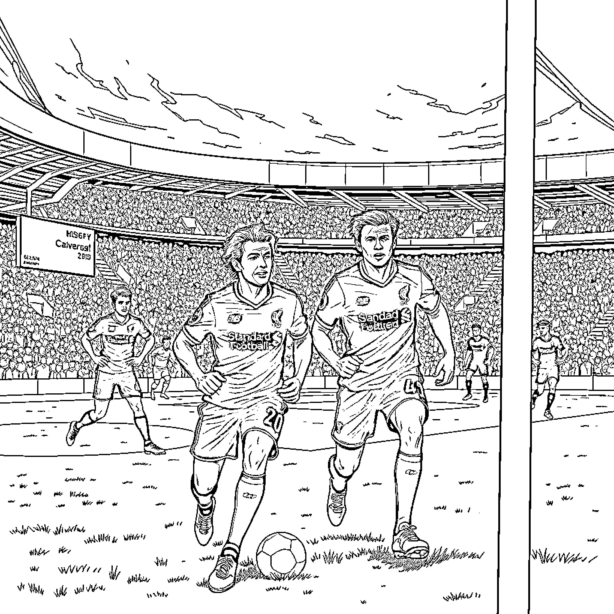 Liverpool players in action on the field Coloring Page (free black-and-white line drawing printable PDF for all, from beginners to advanced learners, including children, teens, adults, and seniors)