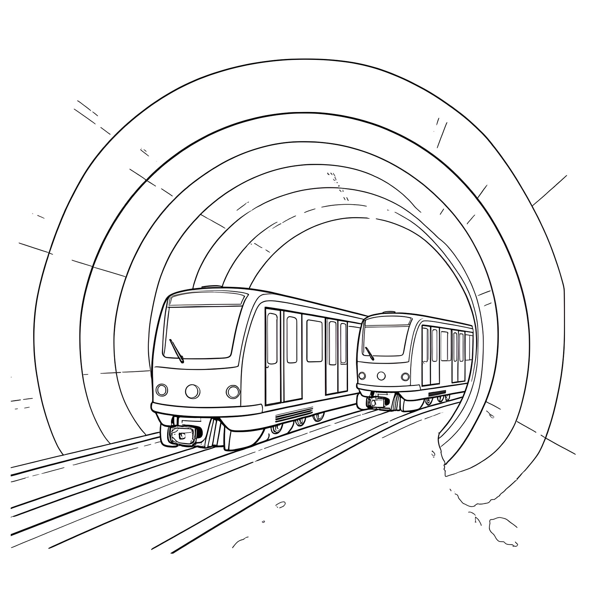 Train speeding through a tunnel Coloring Page (free black-and-white line drawing printable PDF for all, from beginners to advanced learners, including children, teens, adults, and seniors)