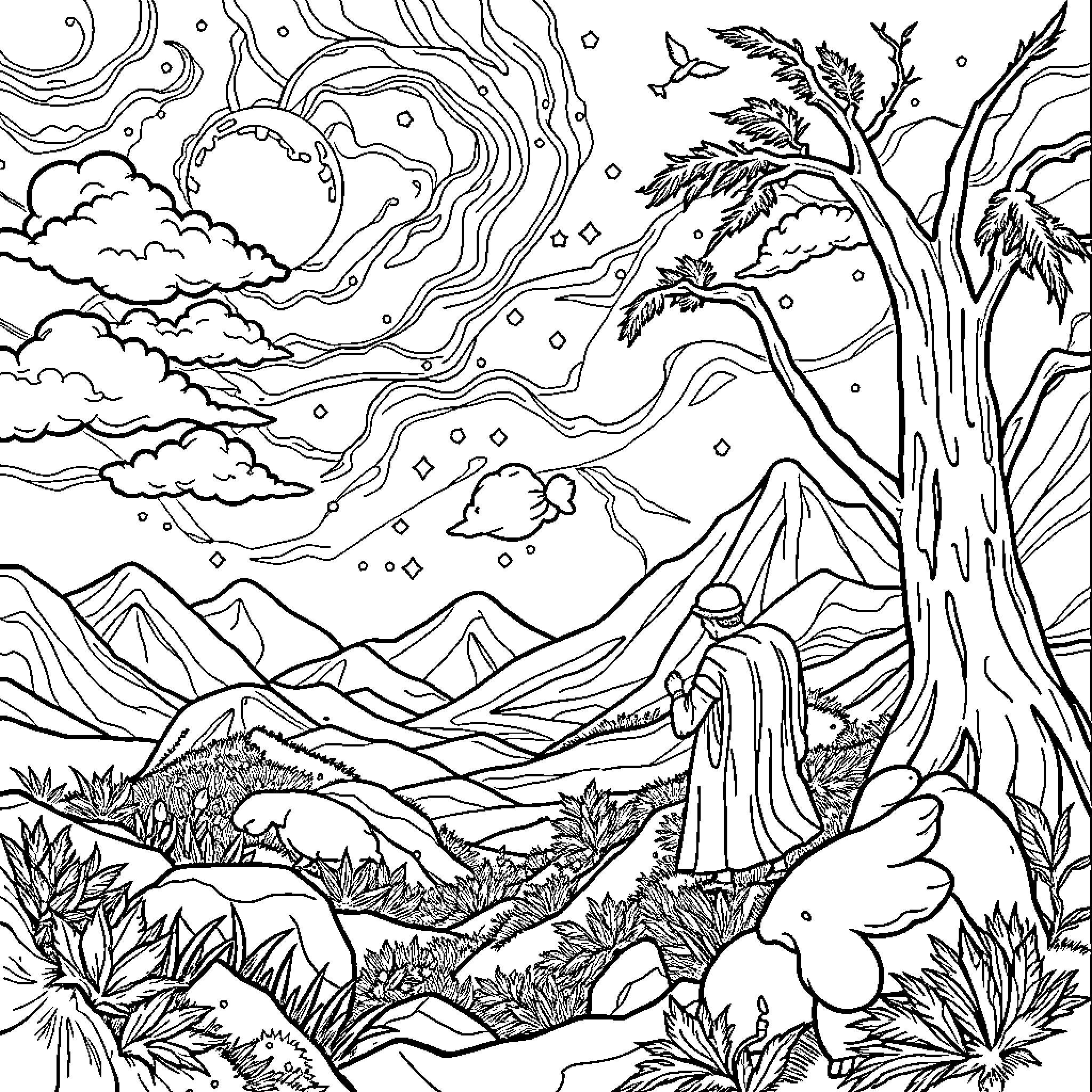 Creation of a Mystical Landscape Coloring Page (free black-and-white line drawing printable PDF for all, from beginners to advanced learners, including children, teens, adults, and seniors)
