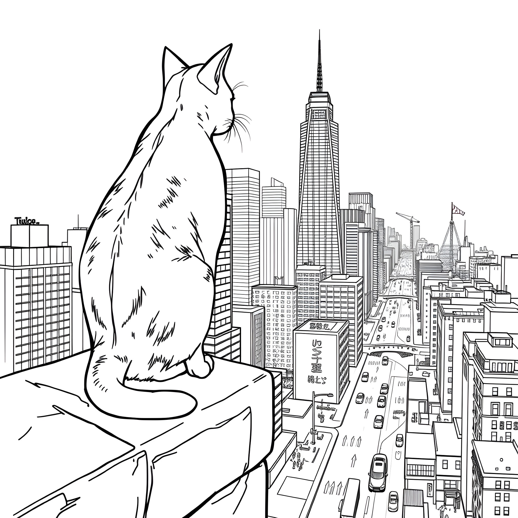 Cat Overlooking Bustling City Skyline Coloring Page (free black-and-white line drawing printable PDF for all, from beginners to advanced learners, including children, teens, adults, and seniors)