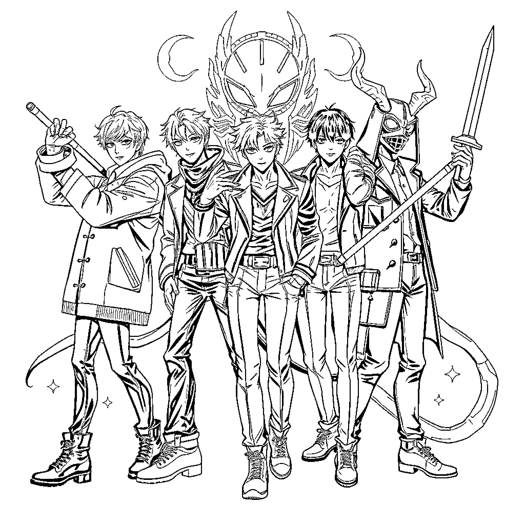 Saja Boys in Heroic Poses Coloring Page (free black-and-white line drawing printable PDF for all, from beginners to advanced learners, including children, teens, adults, and seniors)