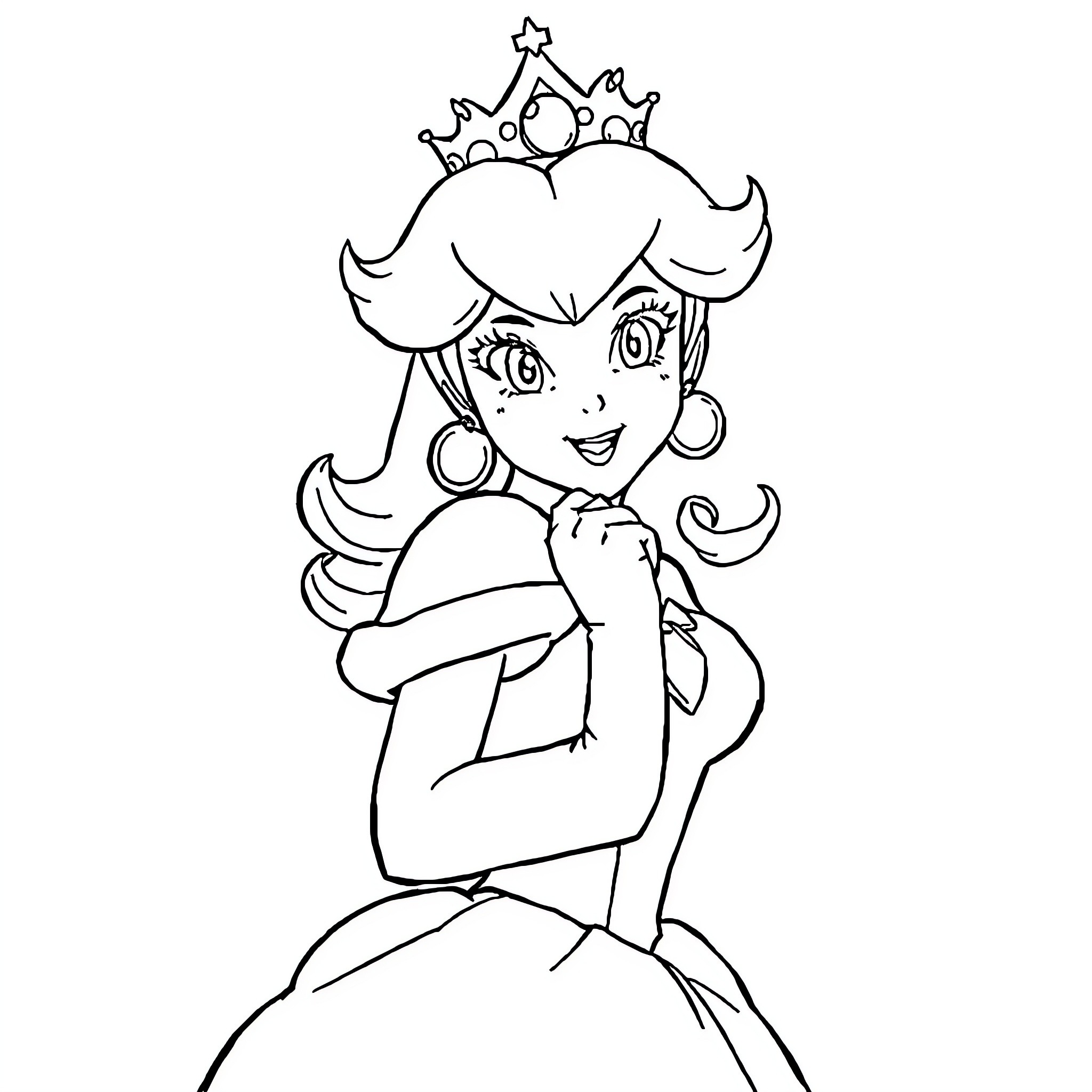 Princess Peach in a Friendly Pose Coloring Page (free black-and-white line drawing printable PDF for all, from beginners to advanced learners, including children, teens, adults, and seniors)