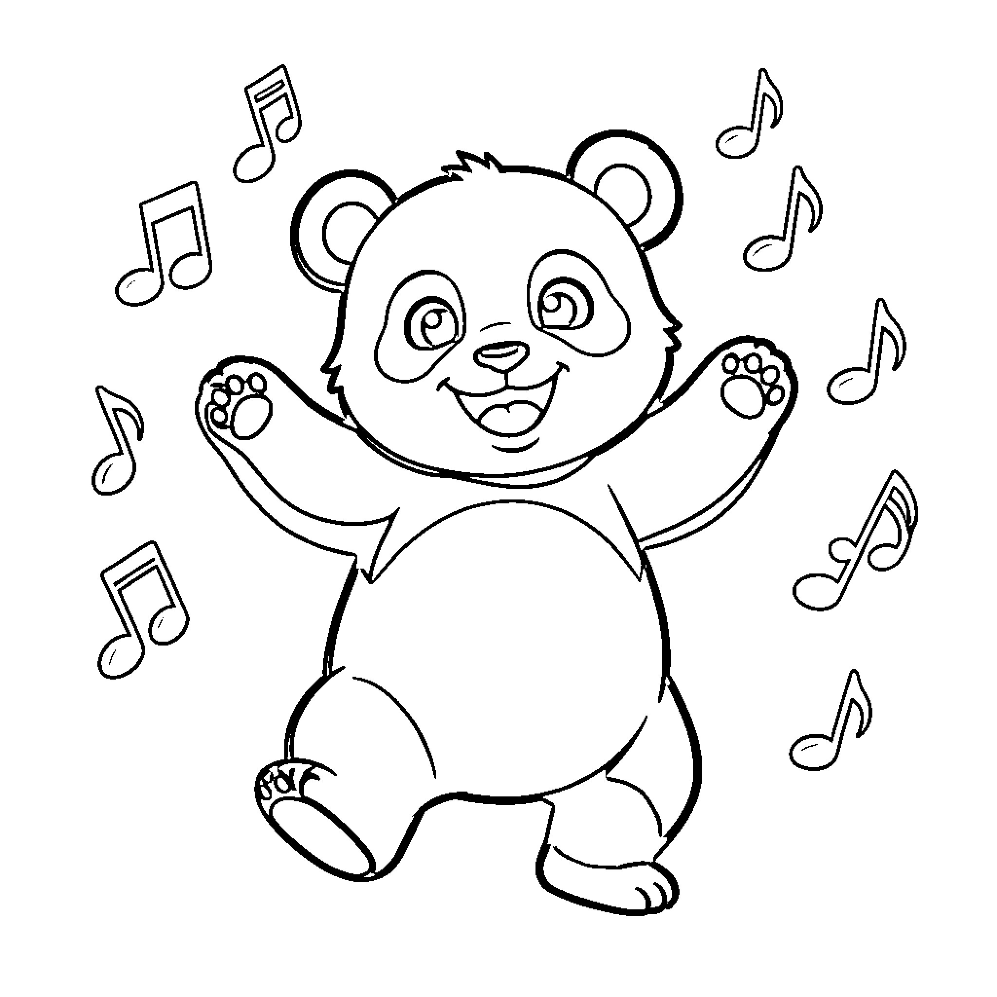 Panda dancing joyfully with musical notes Coloring Page (free black-and-white line drawing printable PDF for all, from beginners to advanced learners, including children, teens, adults, and seniors)
