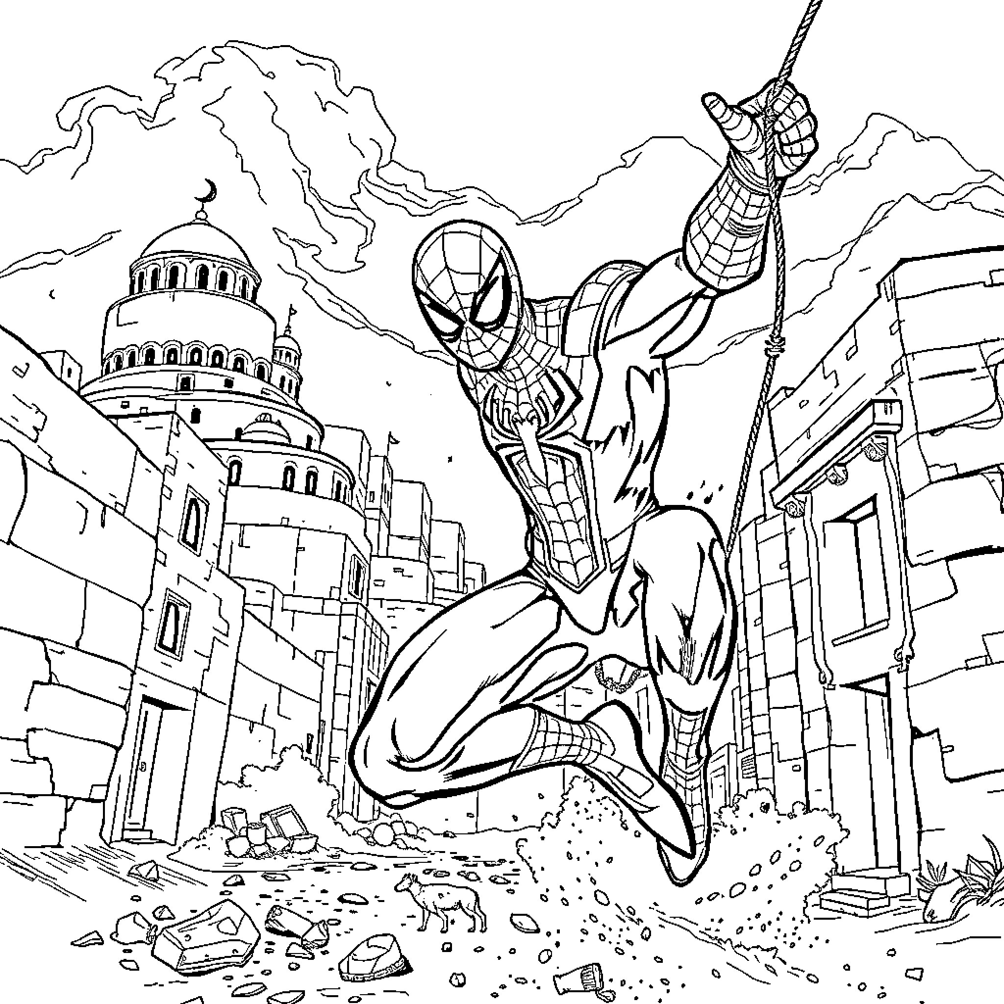 Spiderman swinging over the city in action Coloring Page (free black-and-white line drawing printable PDF for all, from beginners to advanced learners, including children, teens, adults, and seniors)