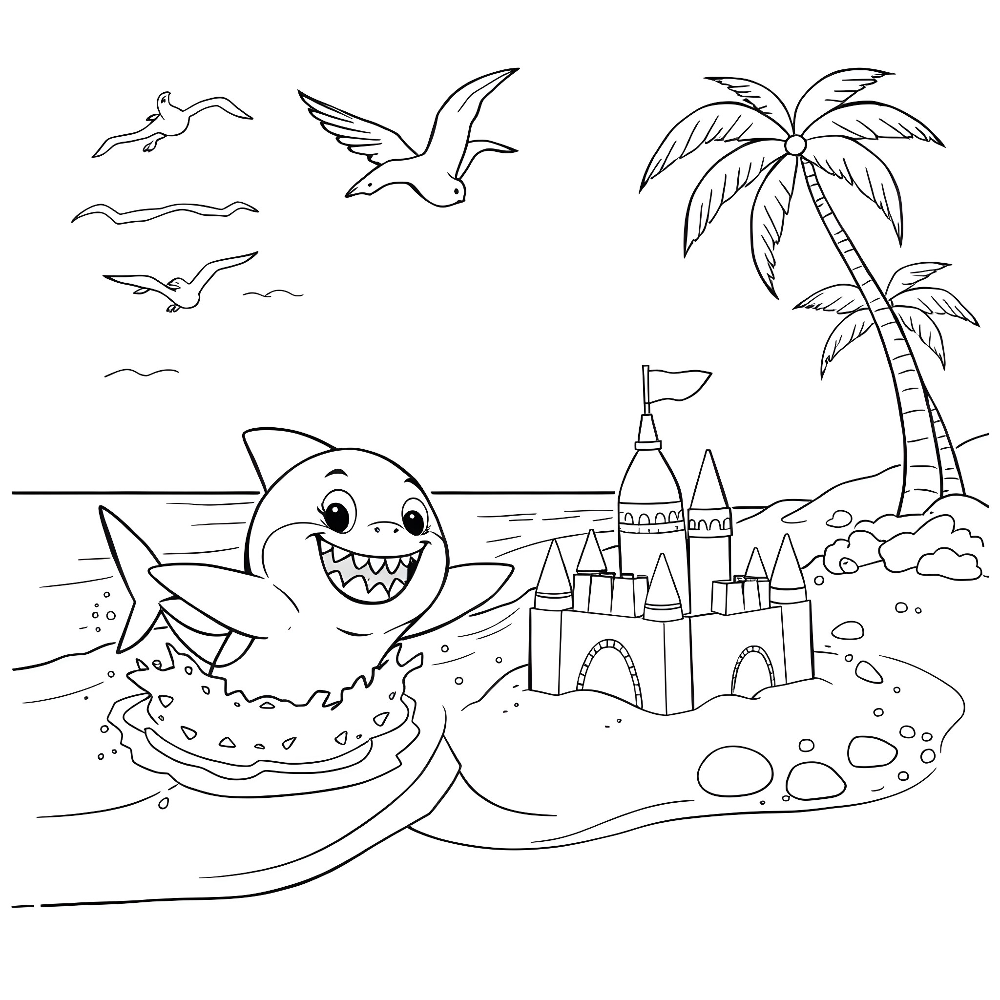 Shark playing happily on the beach with a sandcastle Coloring Page (free black-and-white line drawing printable PDF for all, from beginners to advanced learners, including children, teens, adults, and seniors)