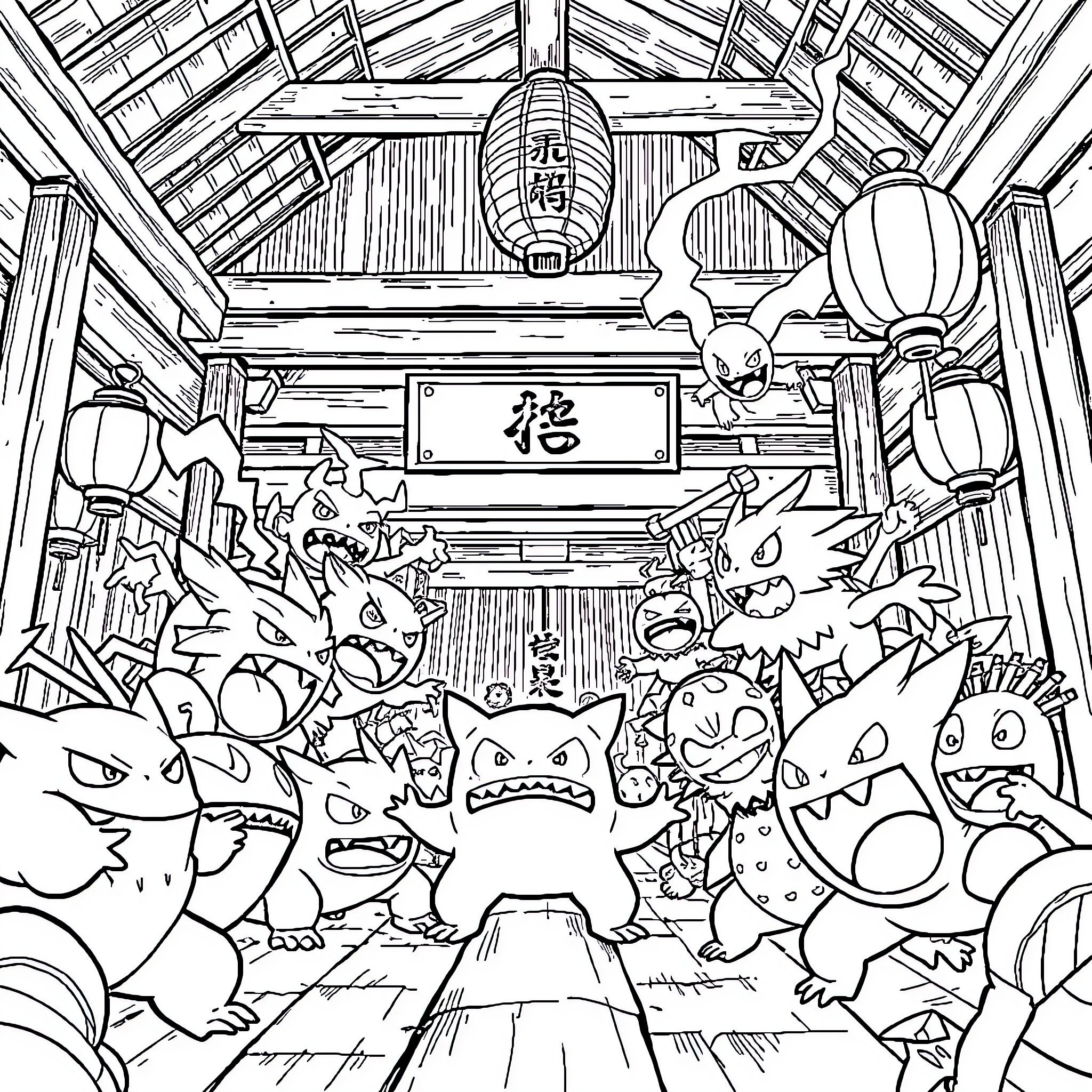 Pocket Monster Creatures Gathering in a Traditional Wooden House Coloring Page (free black-and-white line drawing printable PDF for all, from beginners to advanced learners, including children, teens, adults, and seniors)