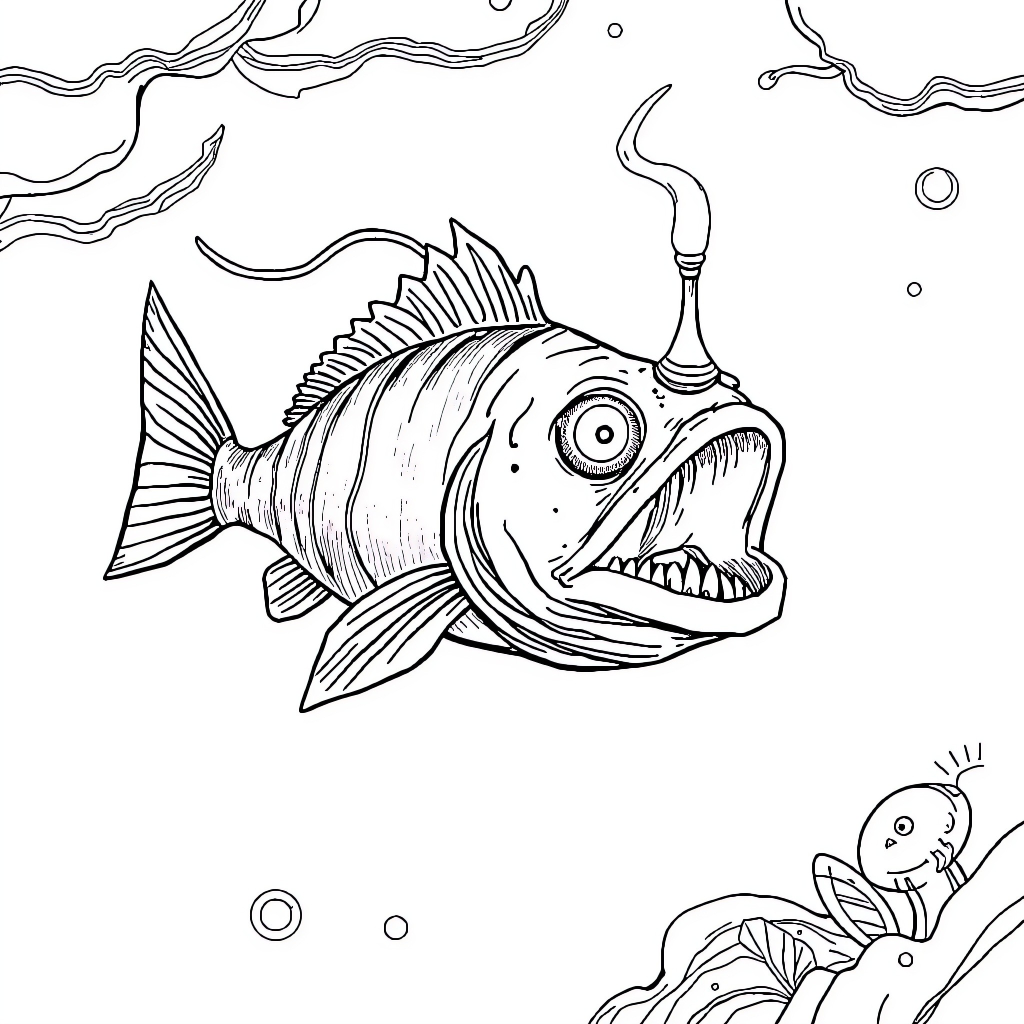 Angler Fish Hunting Prey in Underwater Realm Coloring Page (free black-and-white line drawing printable PDF for all, from beginners to advanced learners, including children, teens, adults, and seniors)