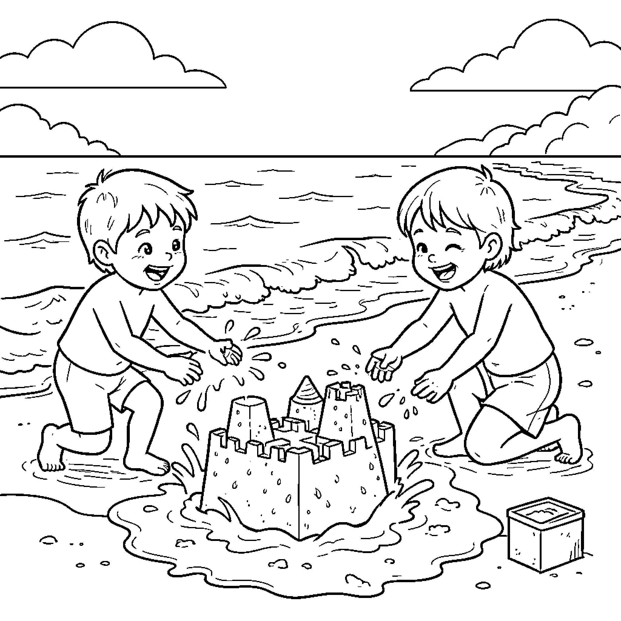 Sea shore with children building a sandcastle Coloring Page (free black-and-white line drawing printable PDF for all, from beginners to advanced learners, including children, teens, adults, and seniors)