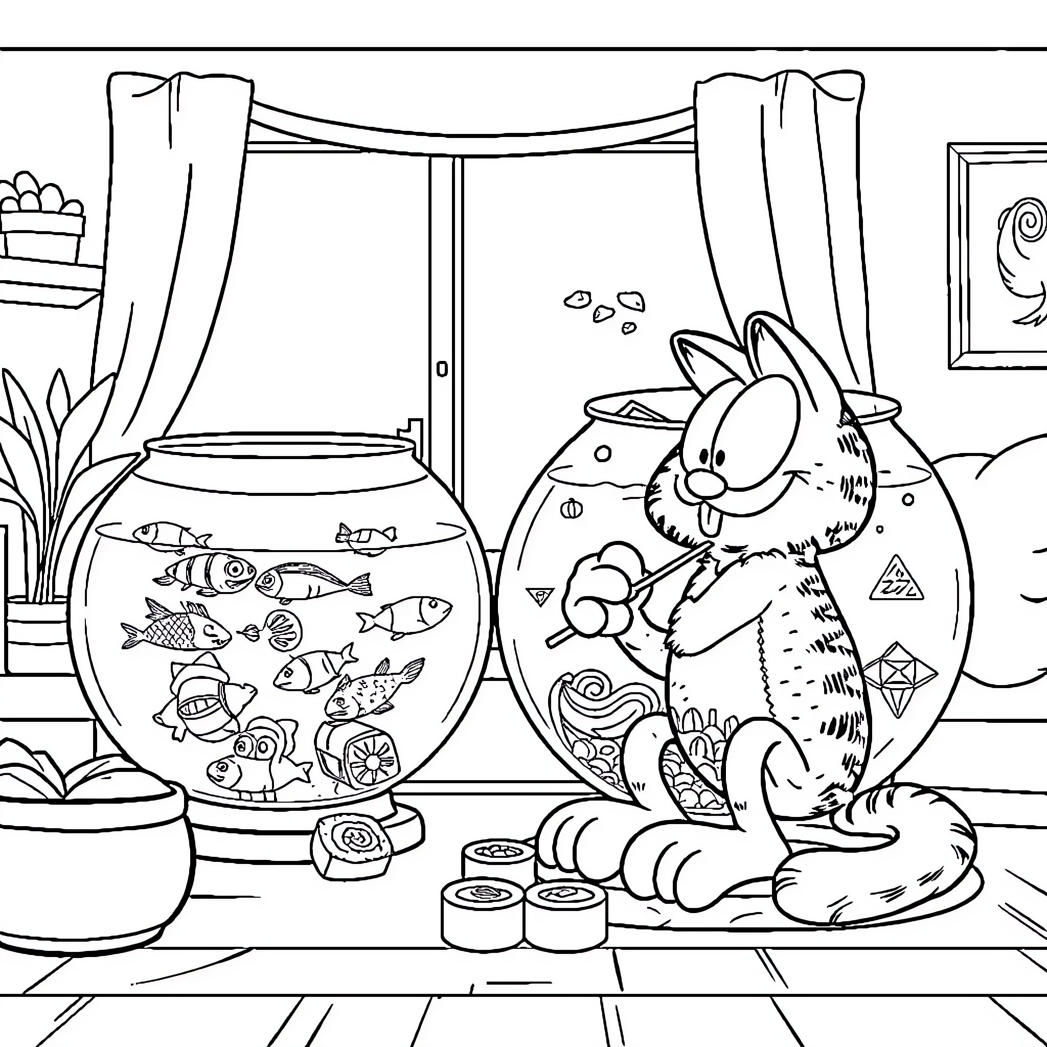 Garfield's Aquarium Adventure Coloring Page (free black-and-white line drawing printable PDF for all, from beginners to advanced learners, including children, teens, adults, and seniors)