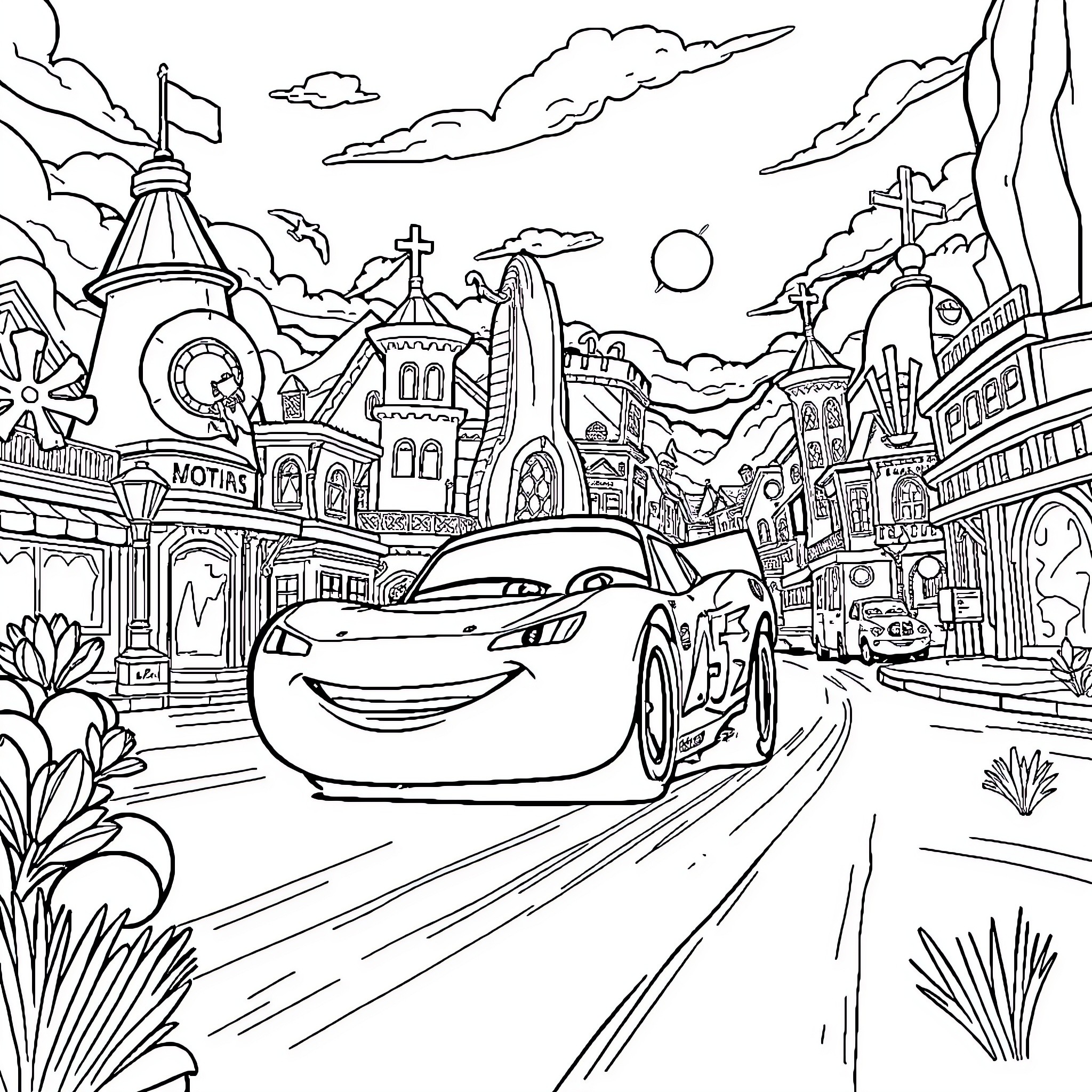 Lightning McQueen in a Vibrant Cartoon Landscape Coloring Page (free black-and-white line drawing printable PDF for all, from beginners to advanced learners, including children, teens, adults, and seniors)